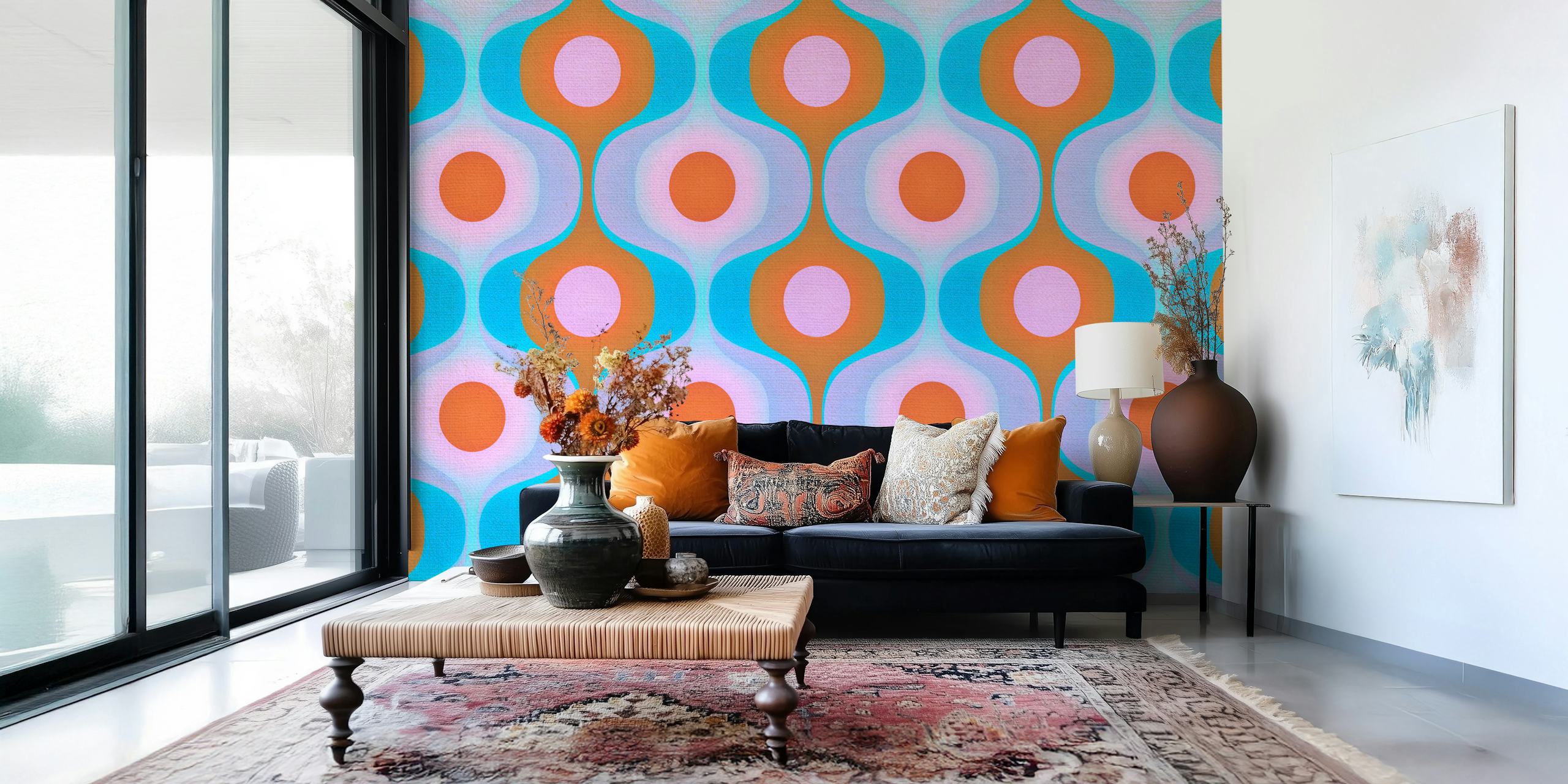 Mid Century Retro Levendige muurschildering met geometrische patronen in groenblauw, oranje en wit