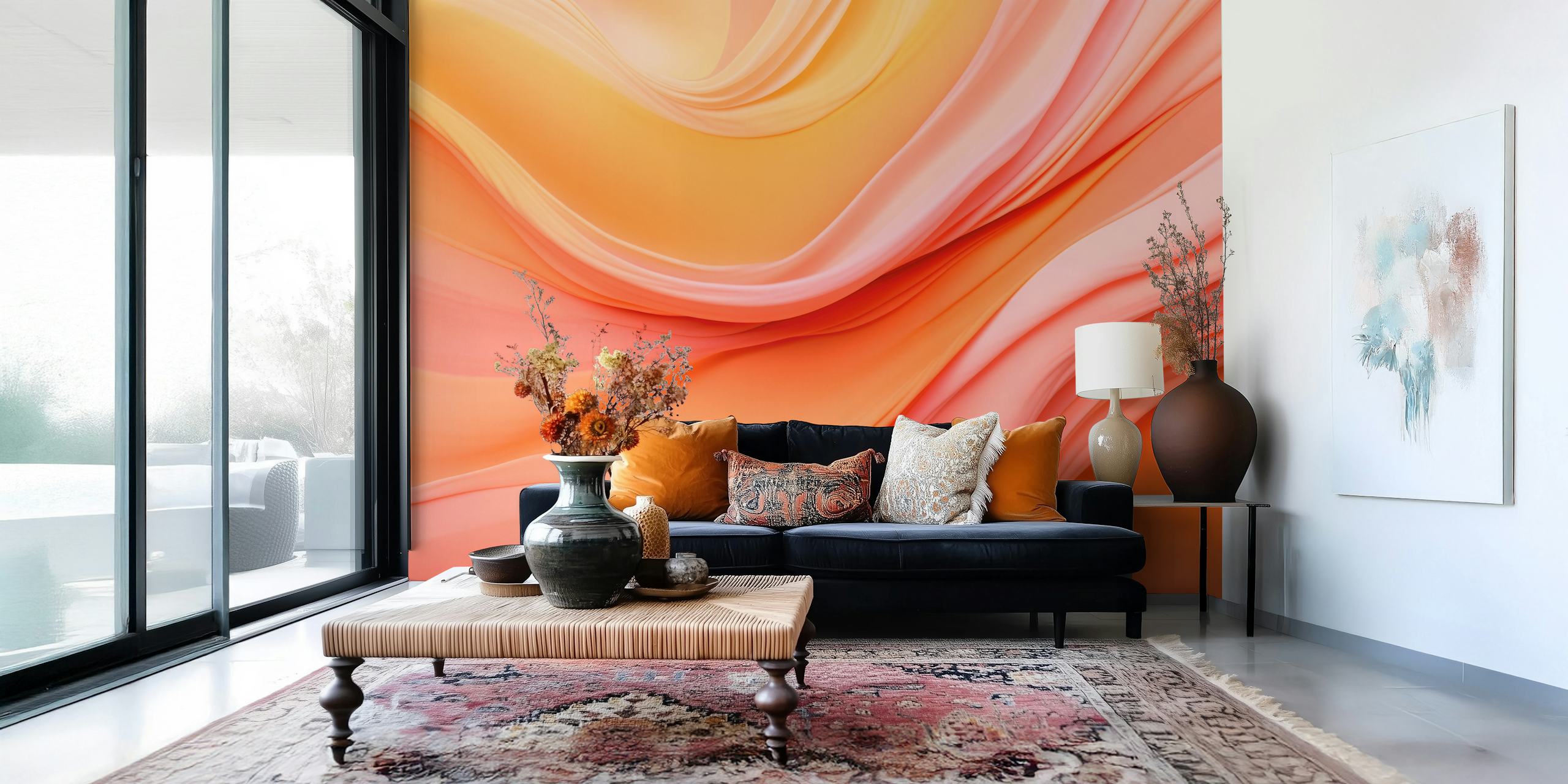 Warm Wave Abstract Pink Orange Art em um quarto