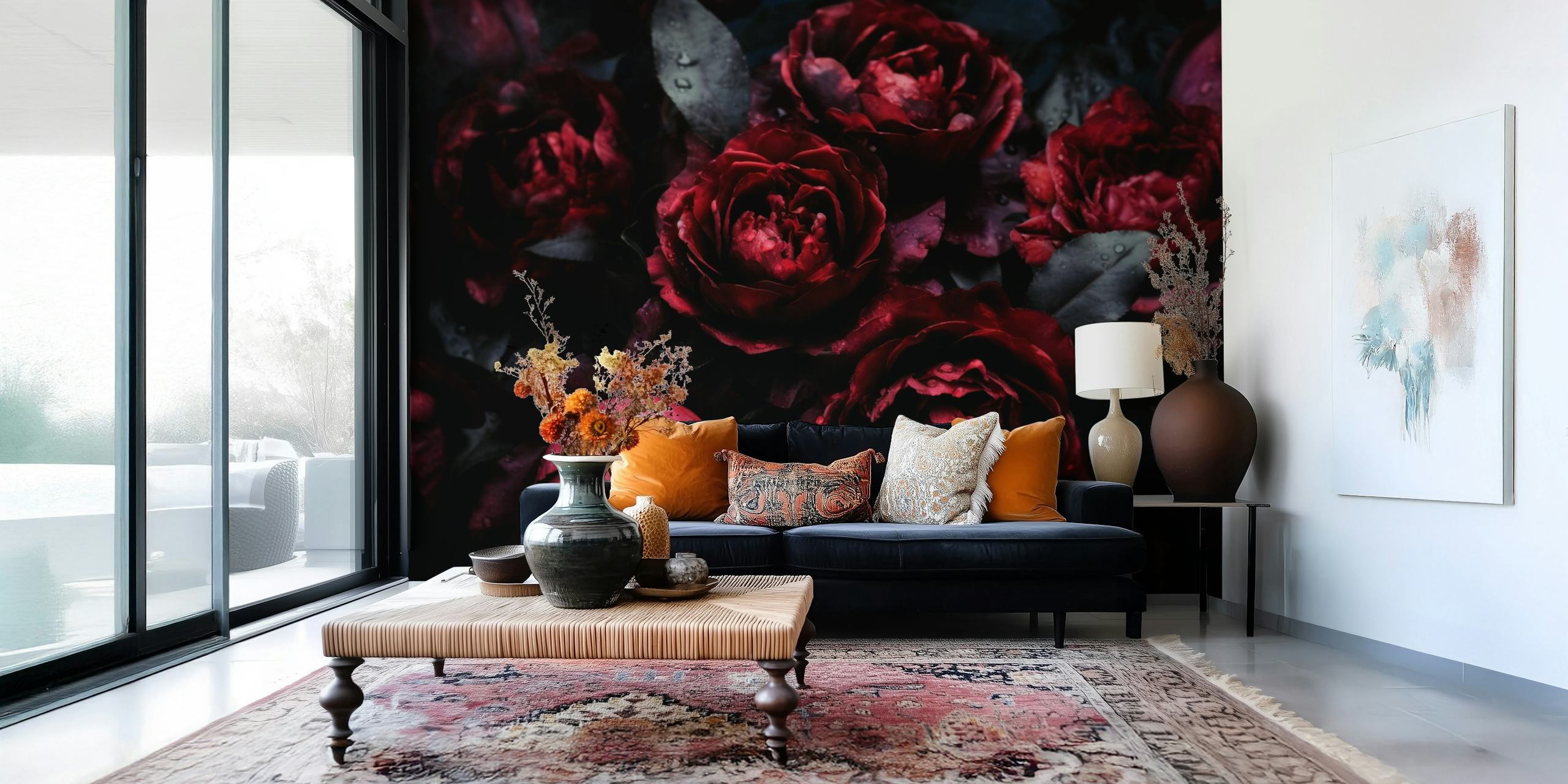 Dark burgundy baroque roses wallpaper