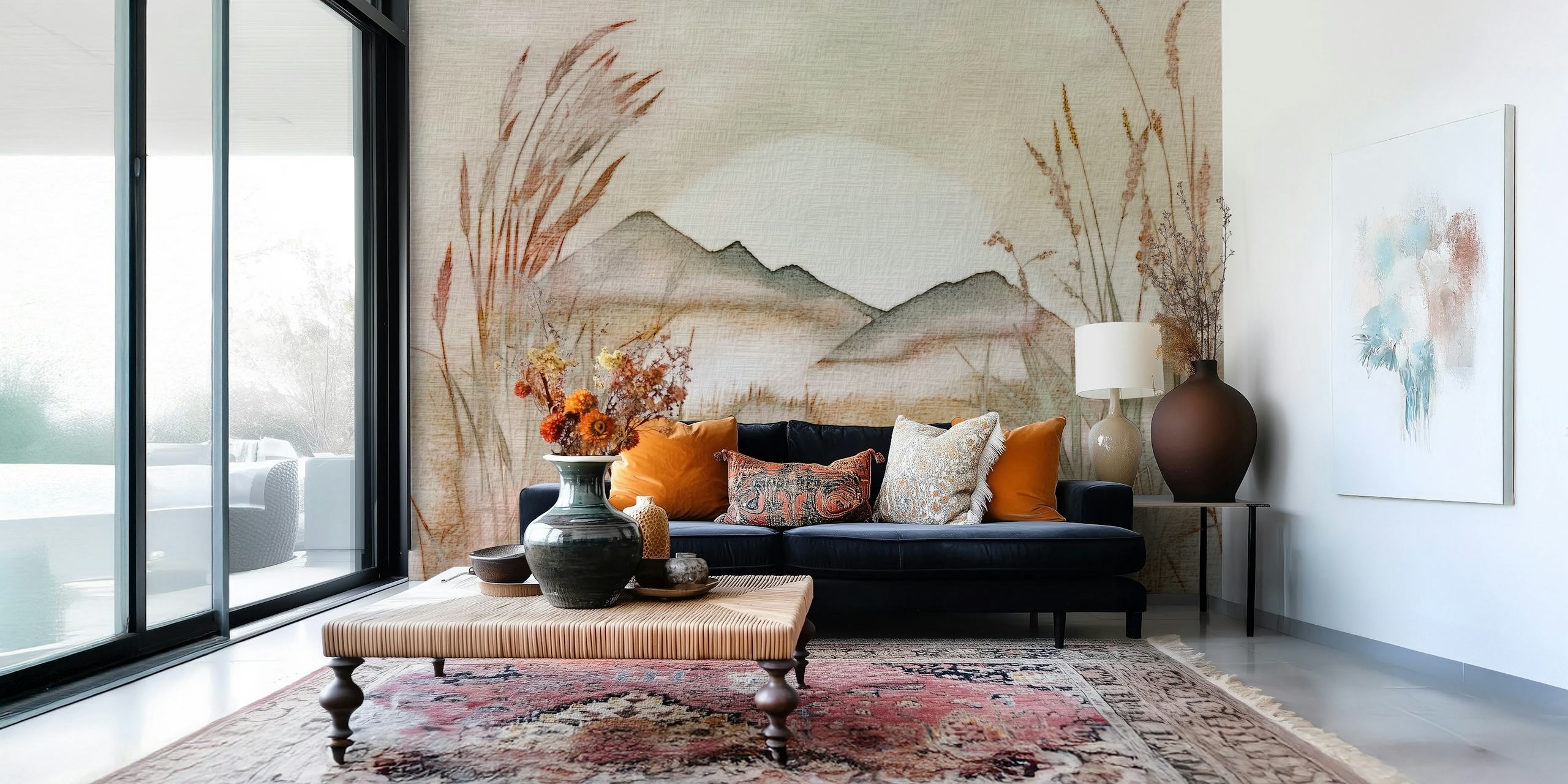 Beige Japandi mountains with grass and soft sunlight; artistic wallpaper