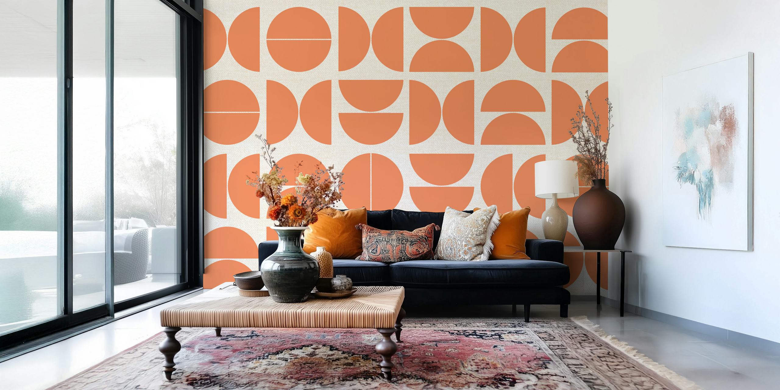 Geometric patterns in pastel rust and cream wallpaper