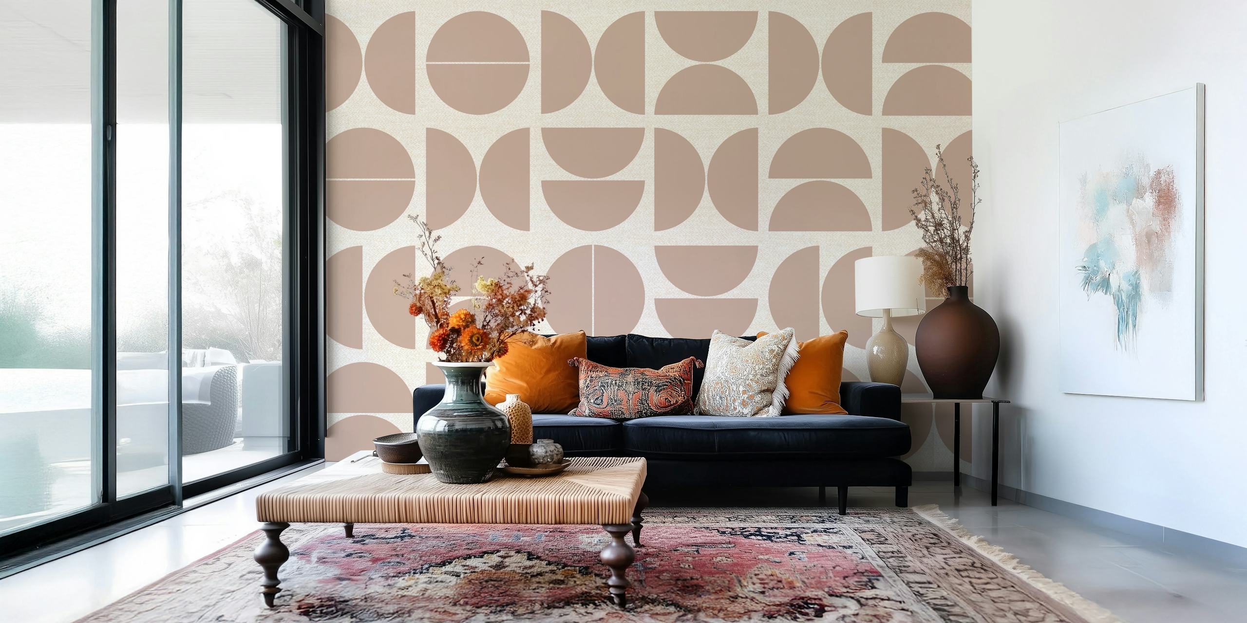 Geometric patterns in dusty pink and beige wallpaper