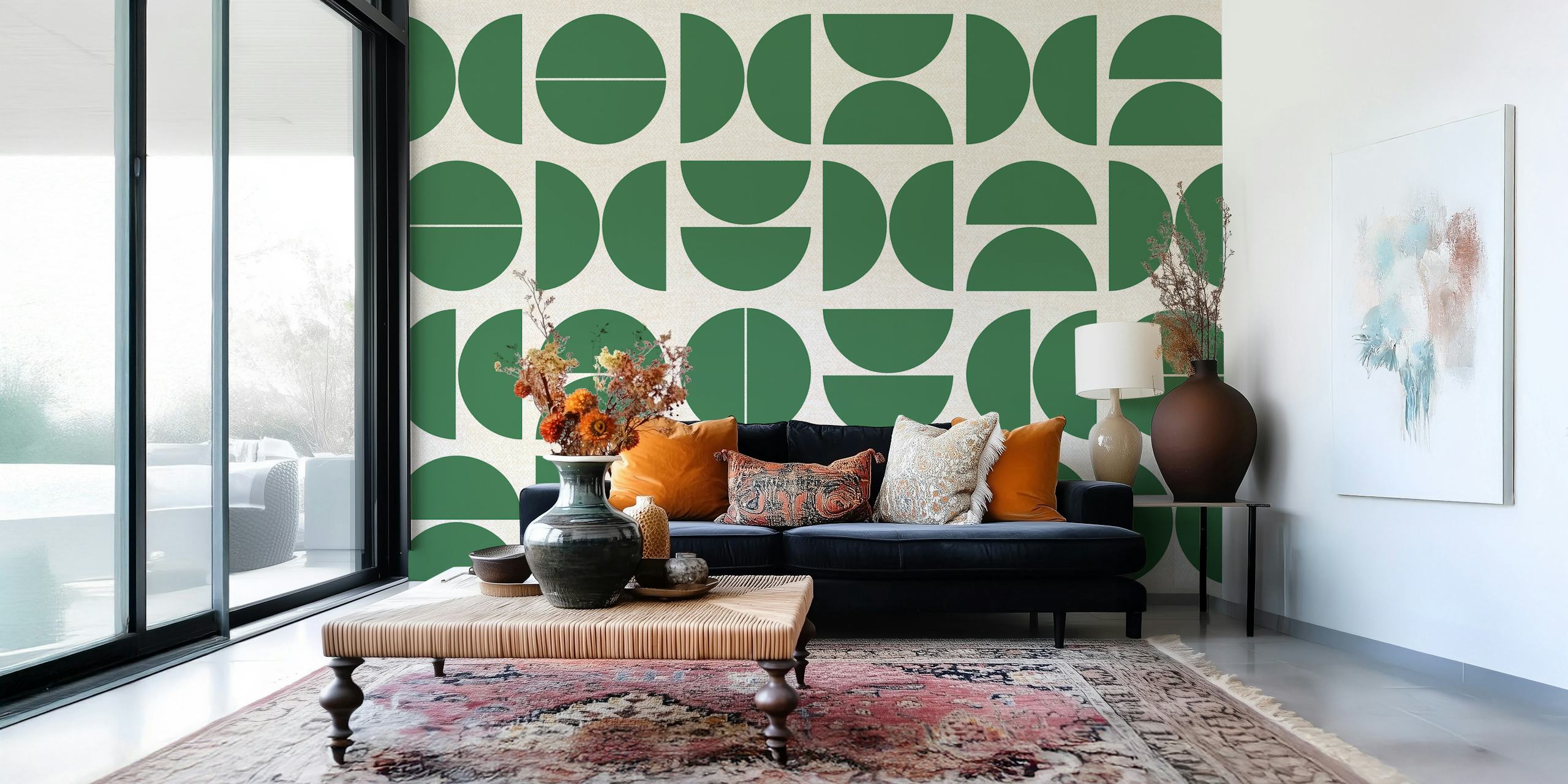 Groene geometrische vormen op beige achtergrond wallpaper
