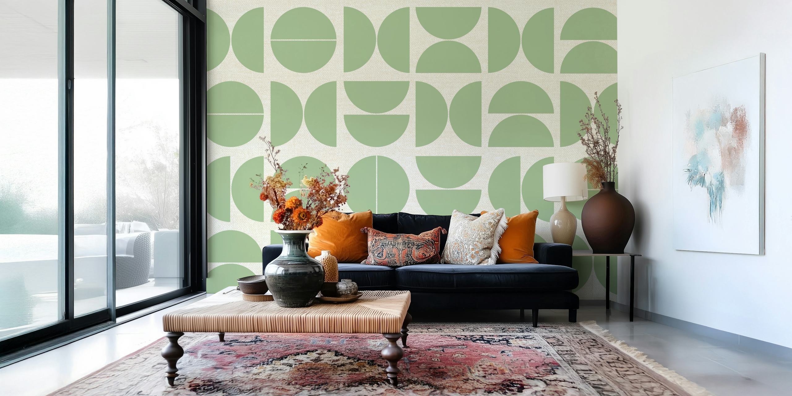Pastel green Bauhaus wallpaper design in a room