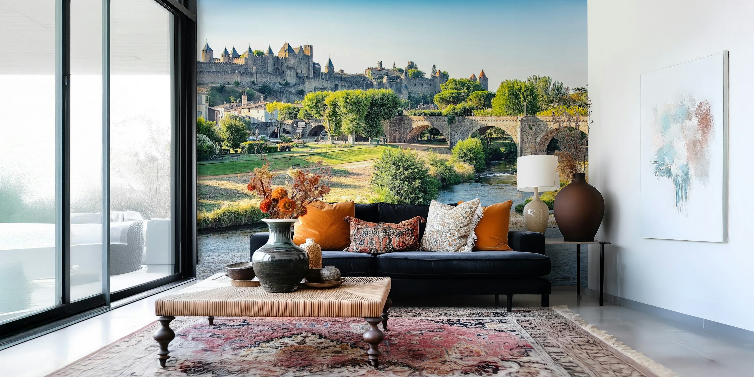 Scenic Carcassonne Old Town view with river, greenery, and medieval castle wallpaper