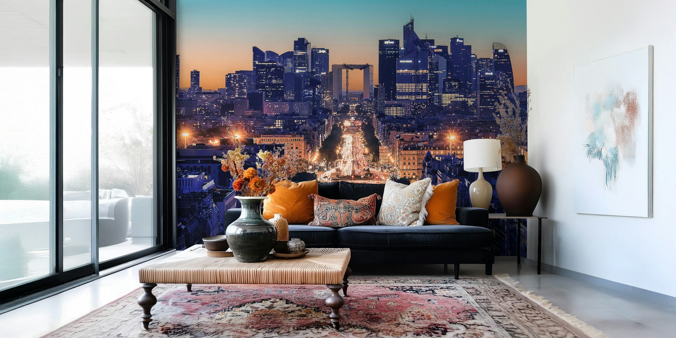 Cityscape at sunset with buildings and street lights wallpaper