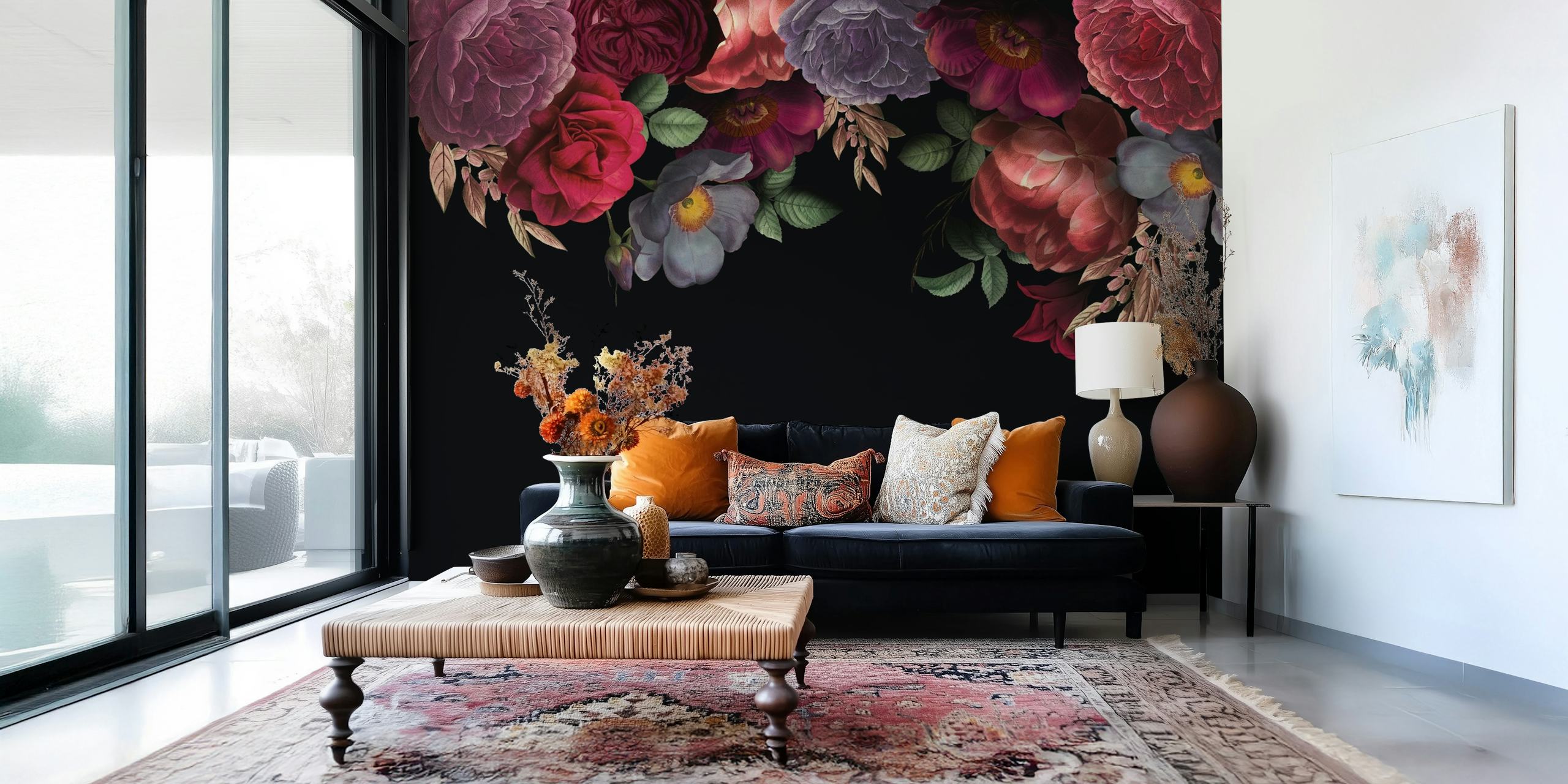 Fotomural patrón de rosas de estilo barroco sobre un fondo oscuro