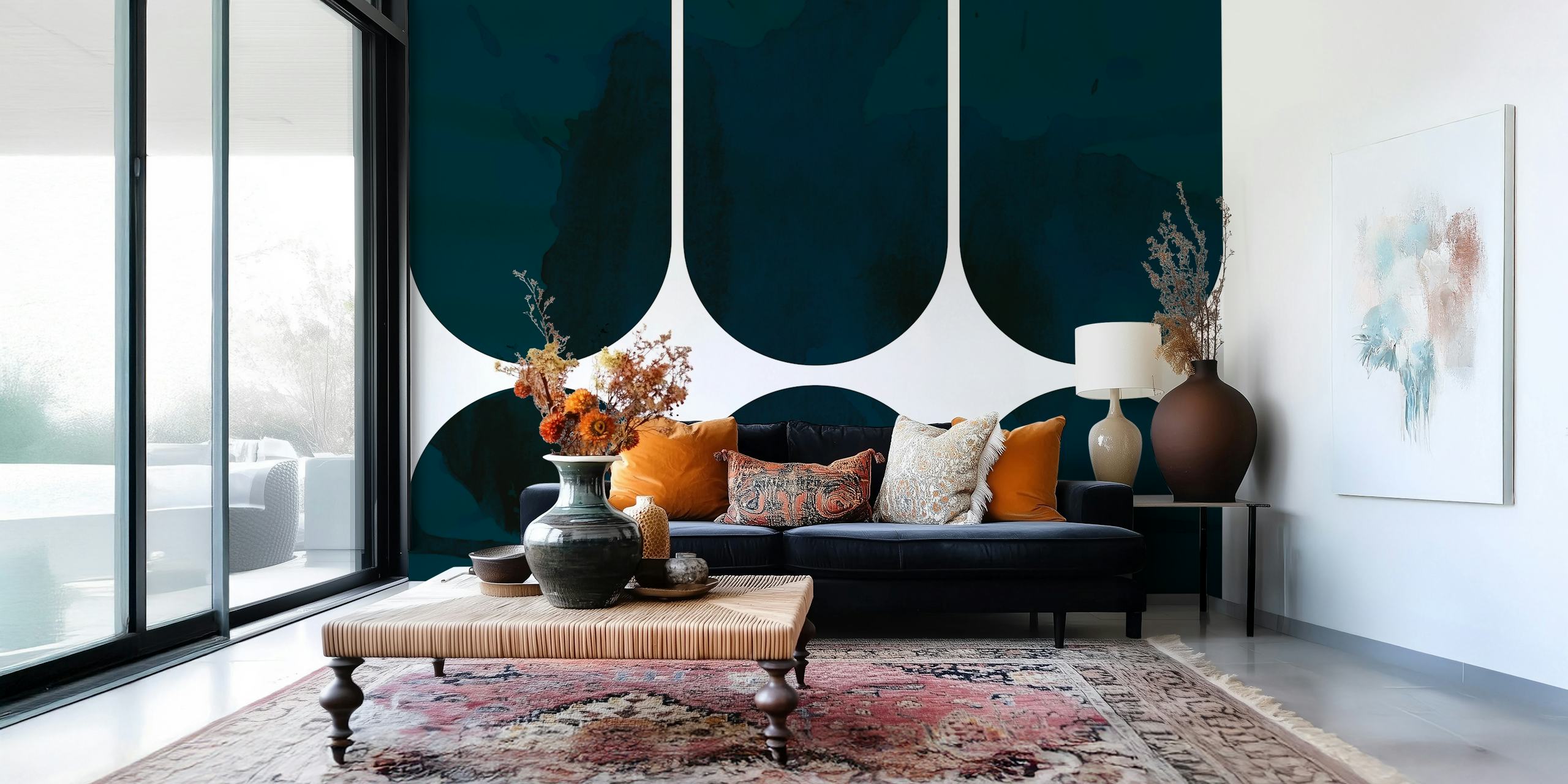 Geometric blue and white pattern wallpaper in arches style