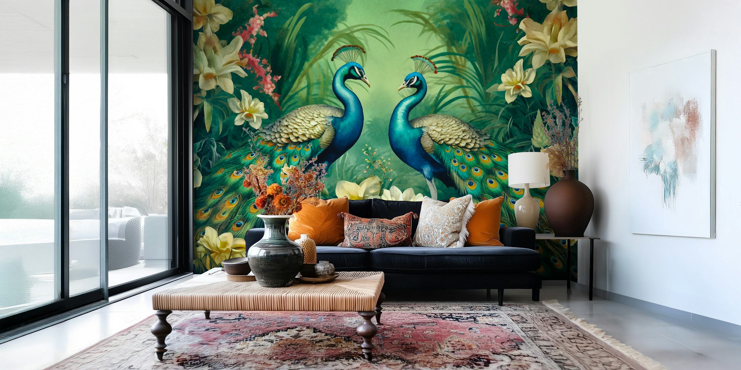 Peacocks Mystic Green Jungle Garden tapet i et rum