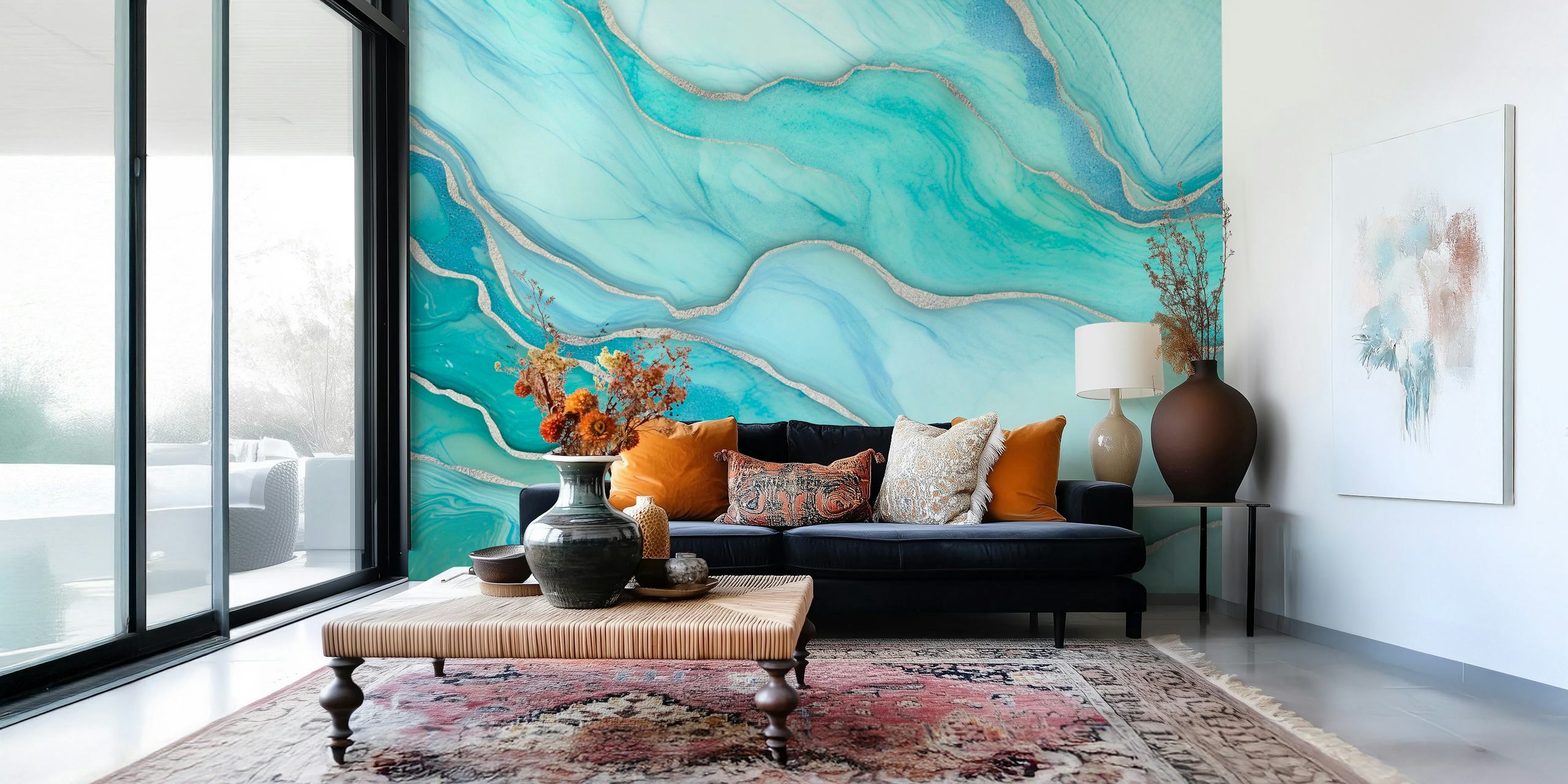 Aqua turquoise marble wallpaper in soft waves with gold accents