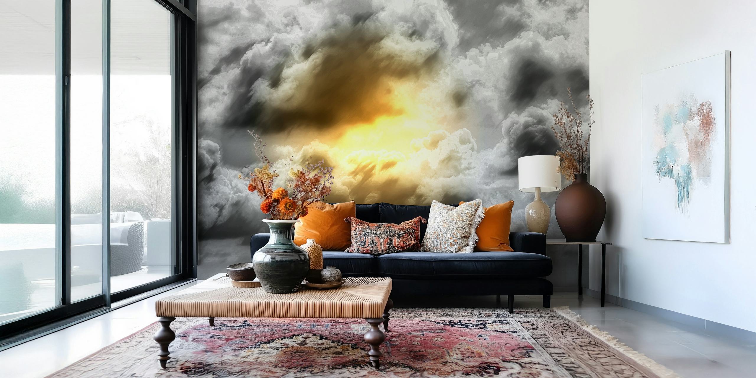Fluffy sunrise clouds wallpaper in a room
