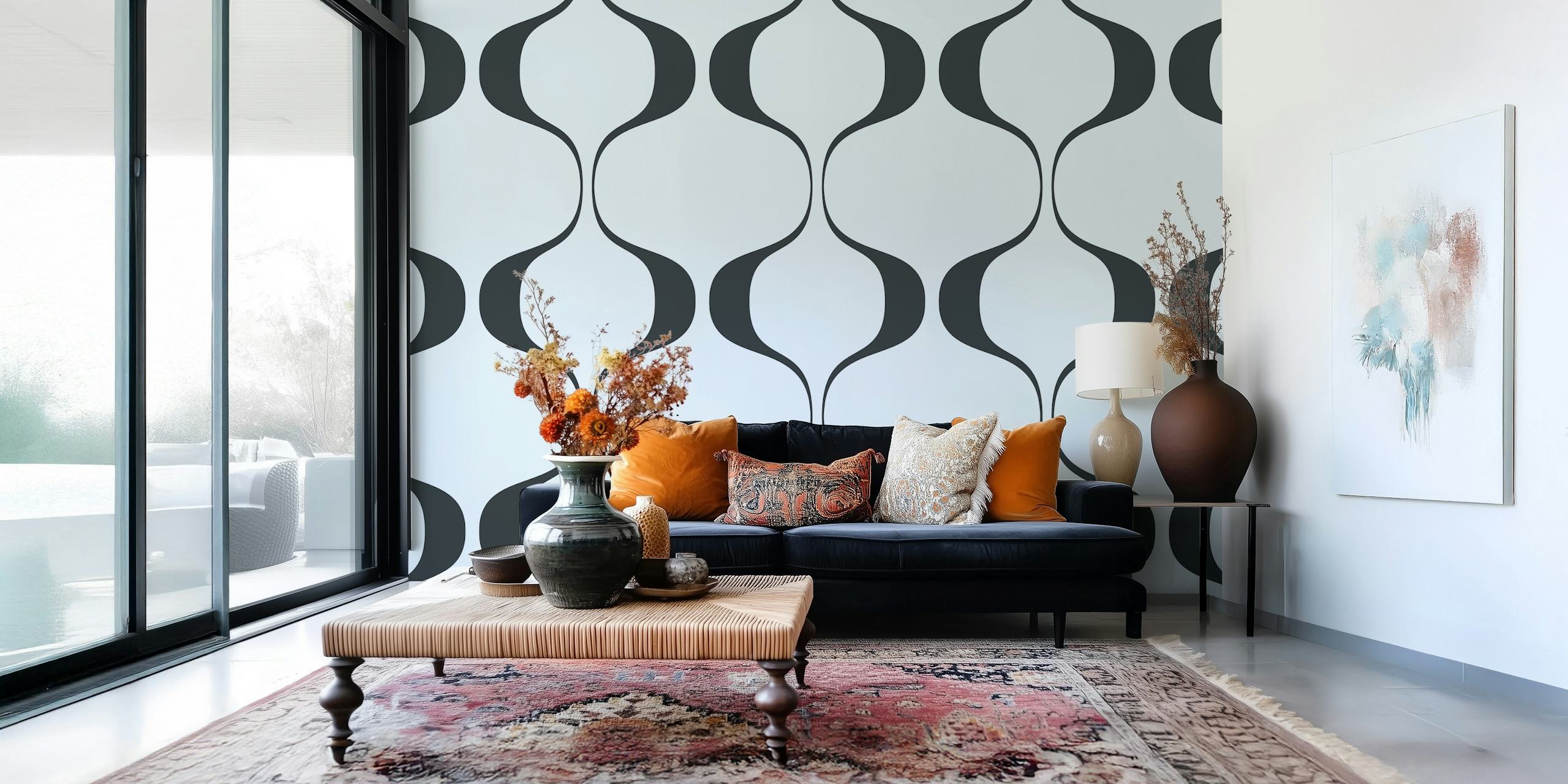 Black and white wavy pattern wallpaper with retro style