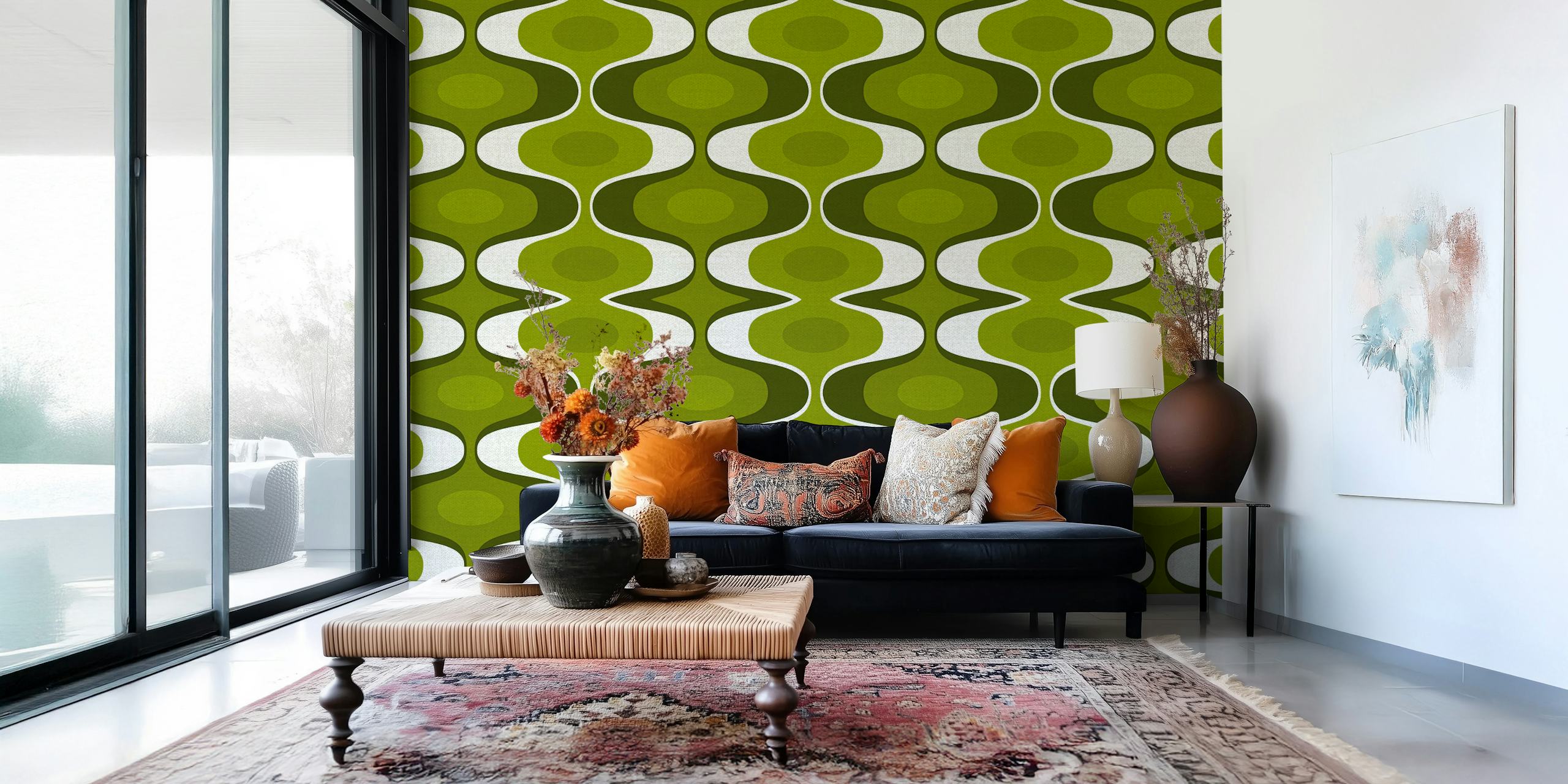 Retro 70s vivid green groovy wallpaper en una habitación