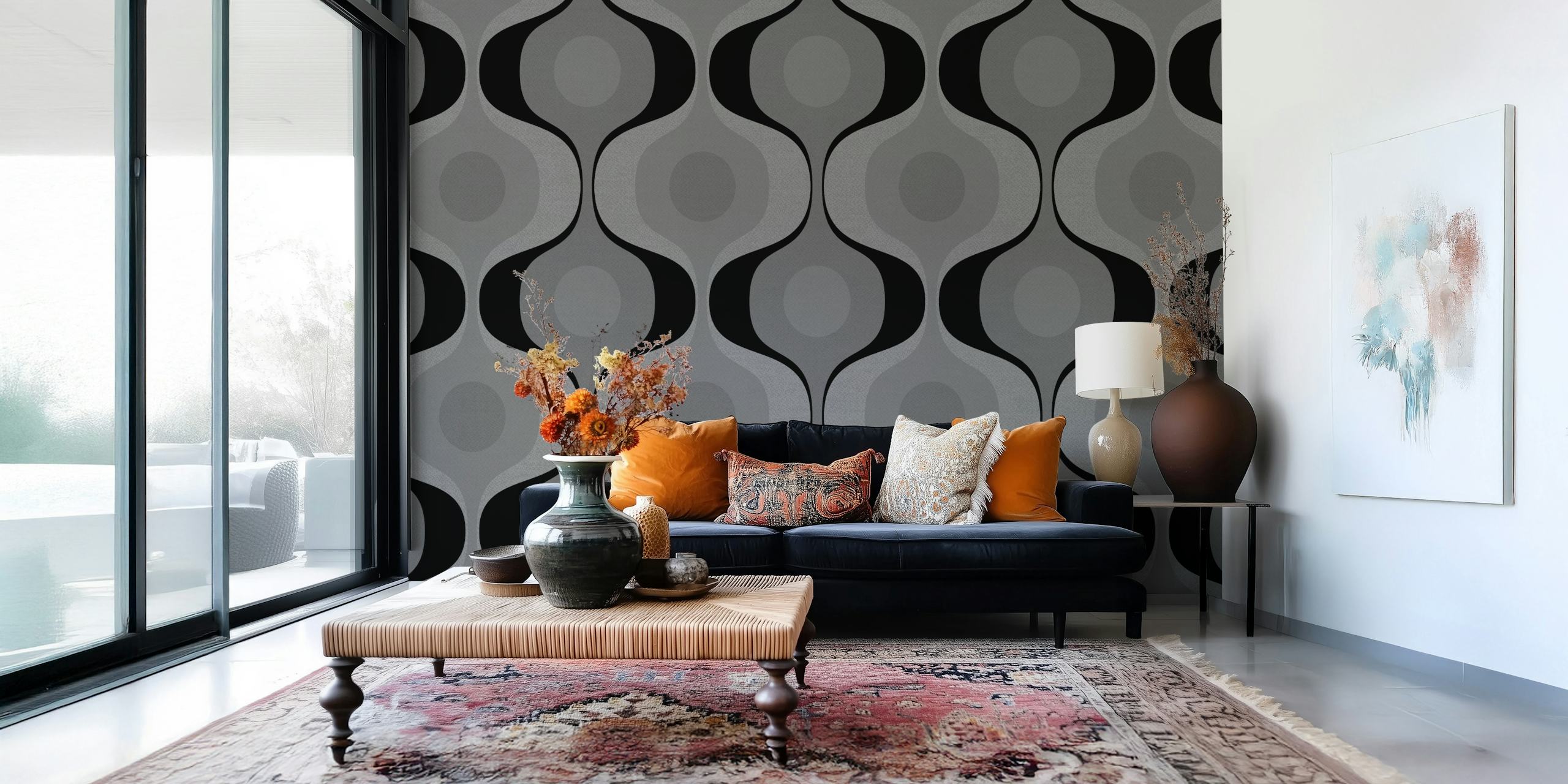 Mid century modern wallpaper featuring black and gray wavy patterns with circular accents