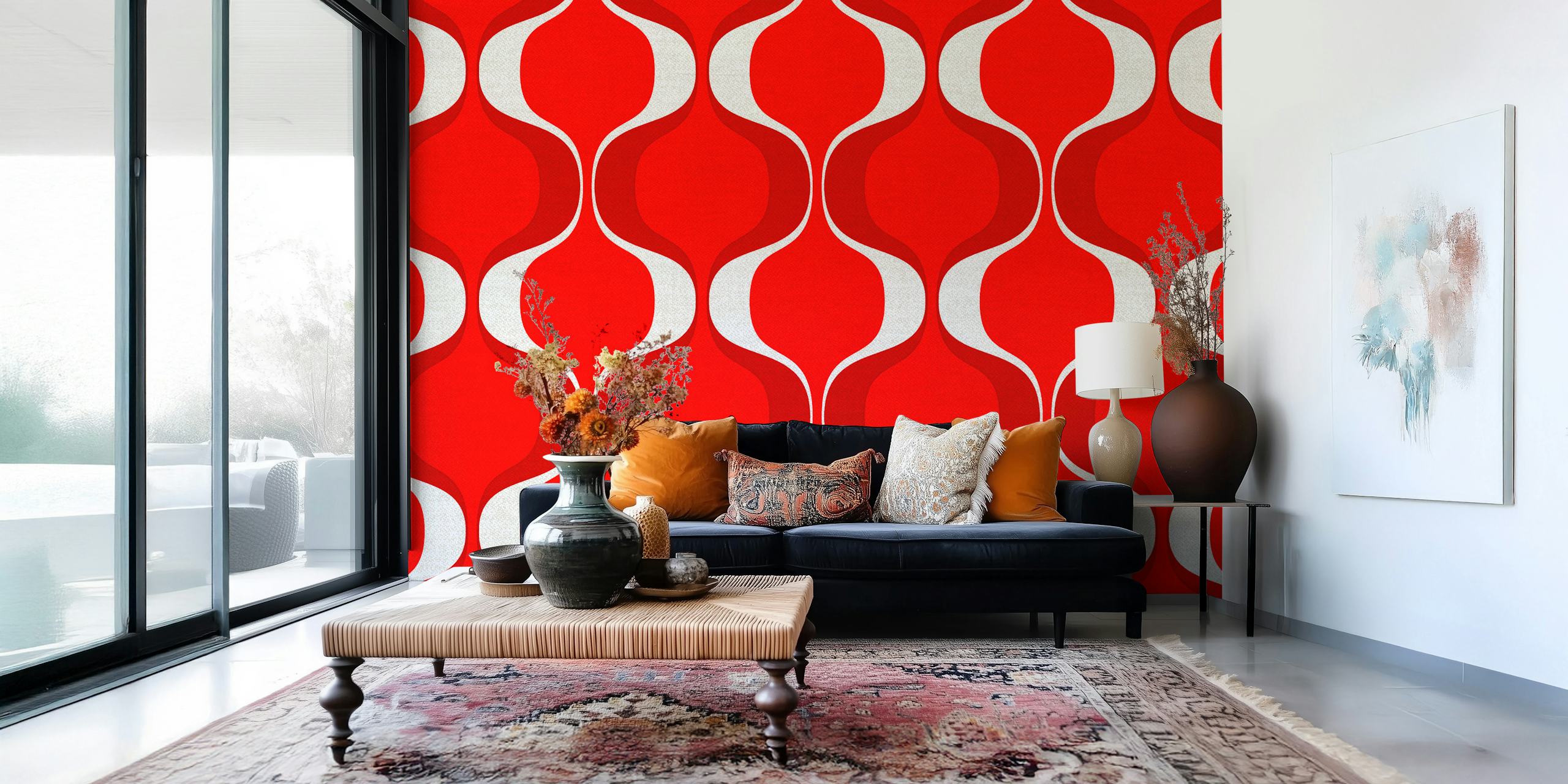 papel pintado Retro 70s Funky Red Geo en una habitación