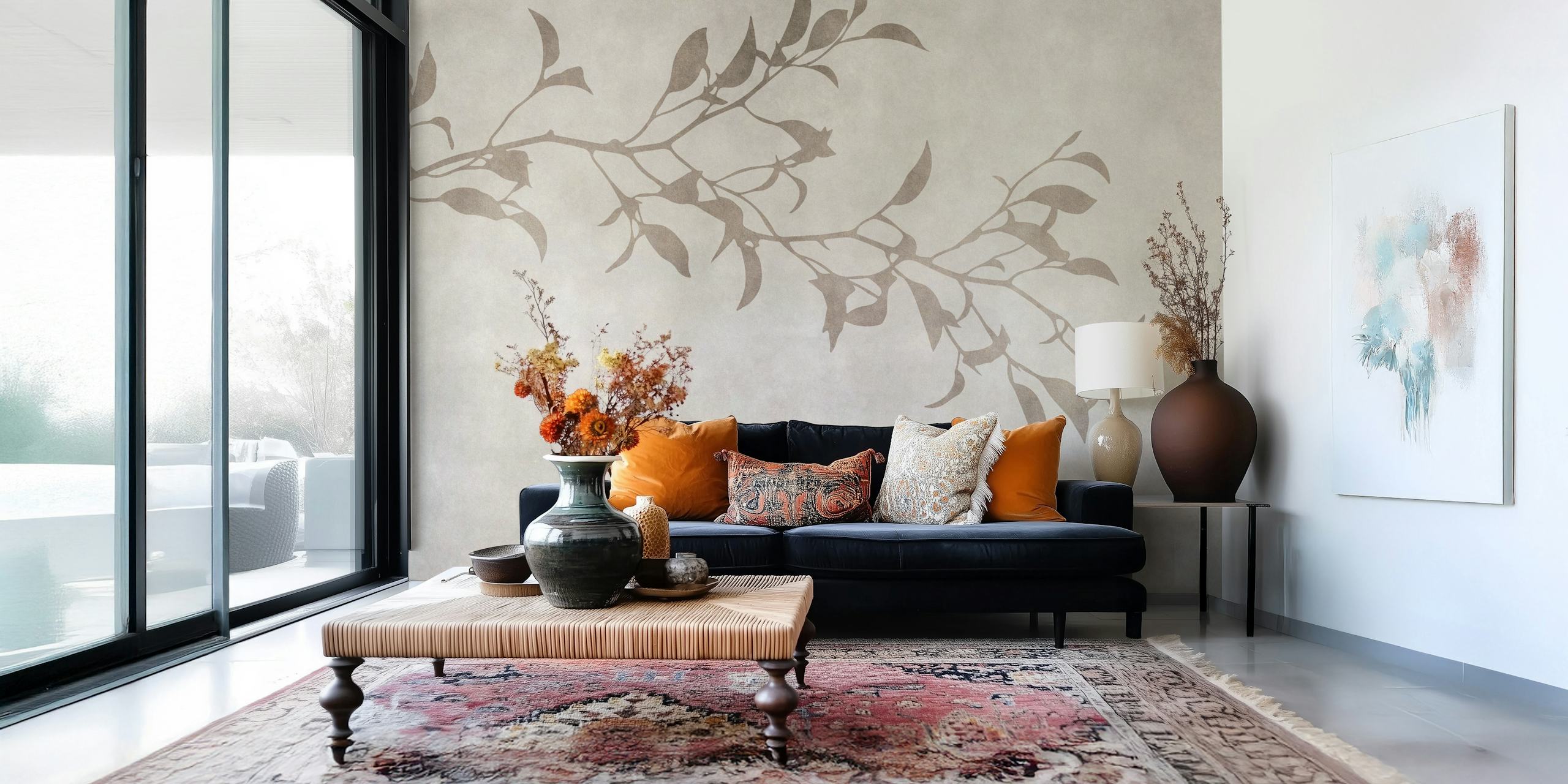 Minimalistic leaf silhouette wallpaper in a room
