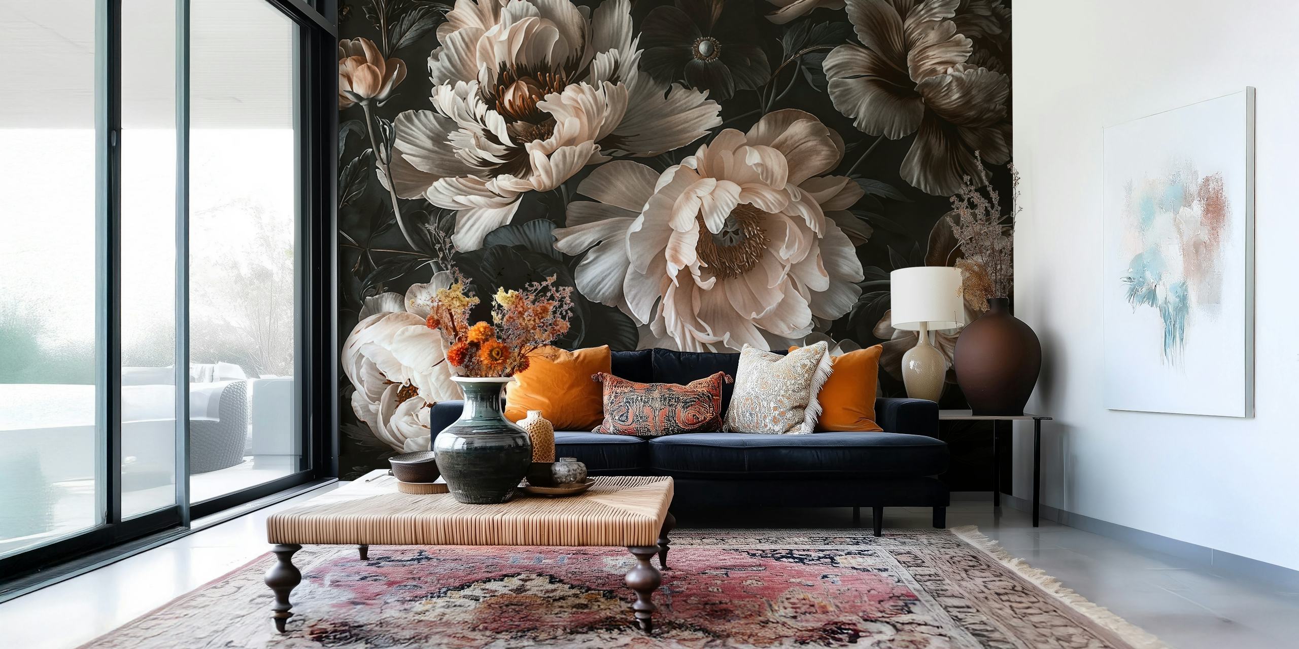 Luxurious dark floral wall mural with baroque influences in blush tones