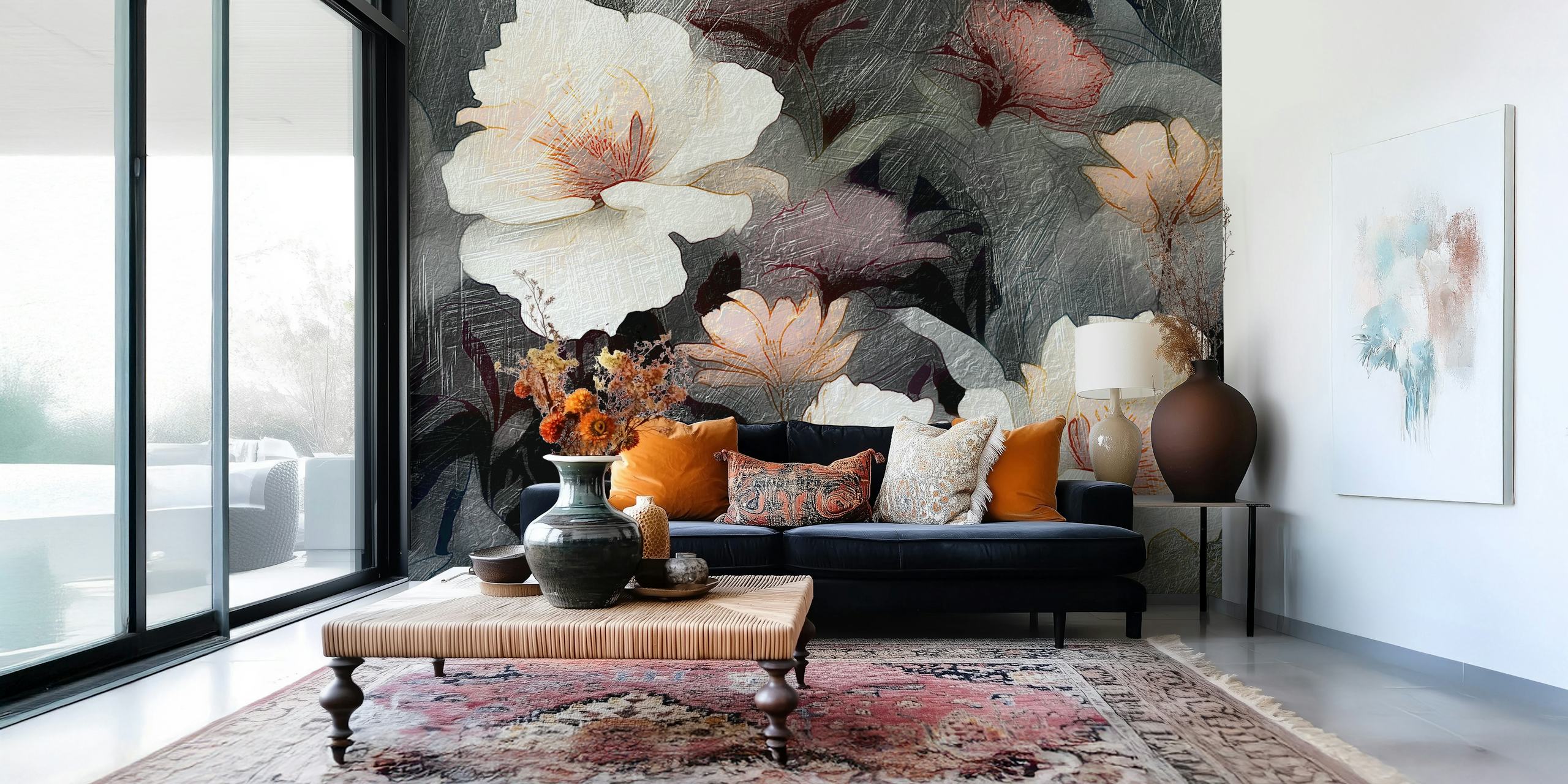 White flowers on dark textured background wallpaper