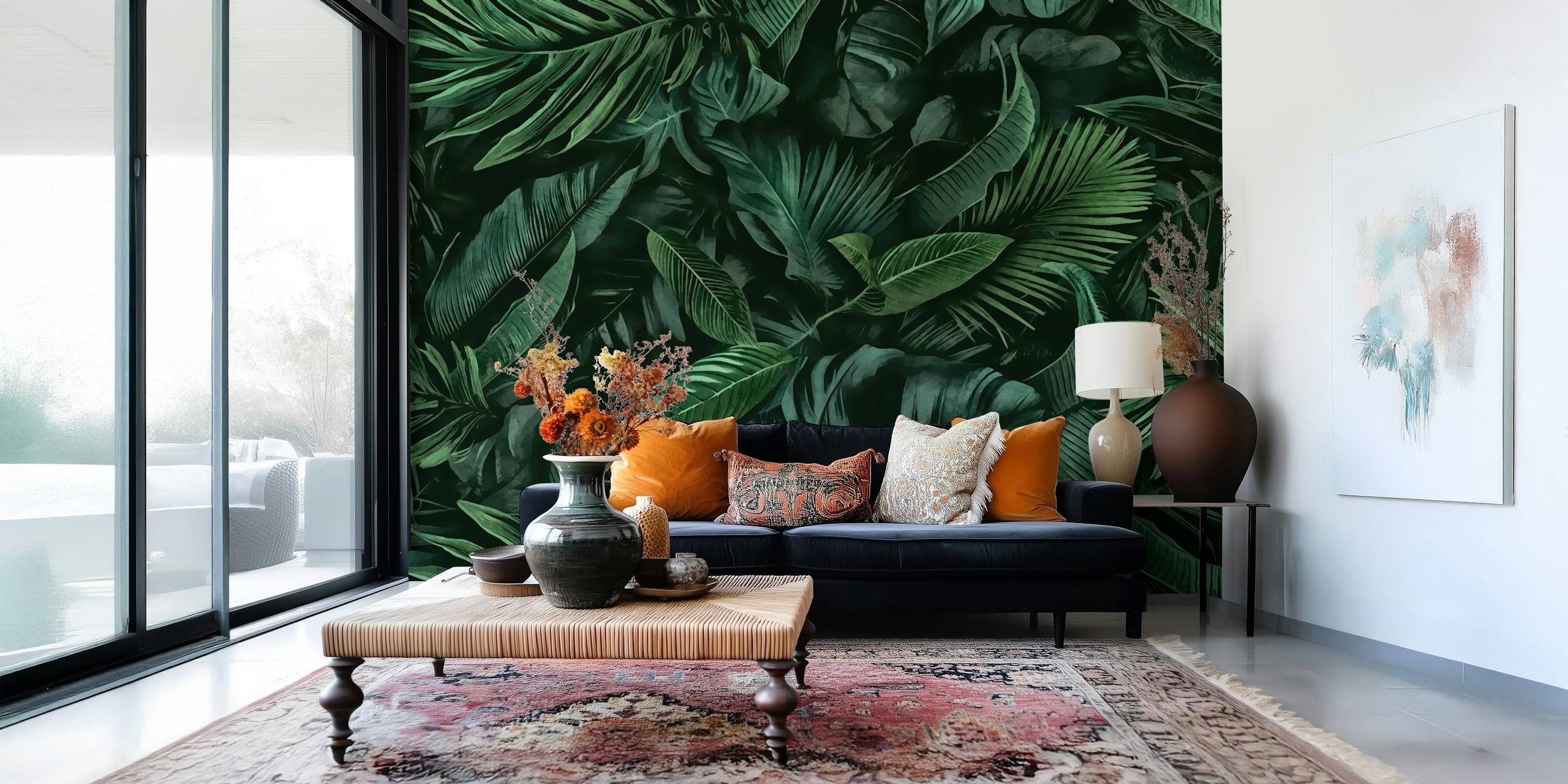 Green jungle wallpaper in a room setting