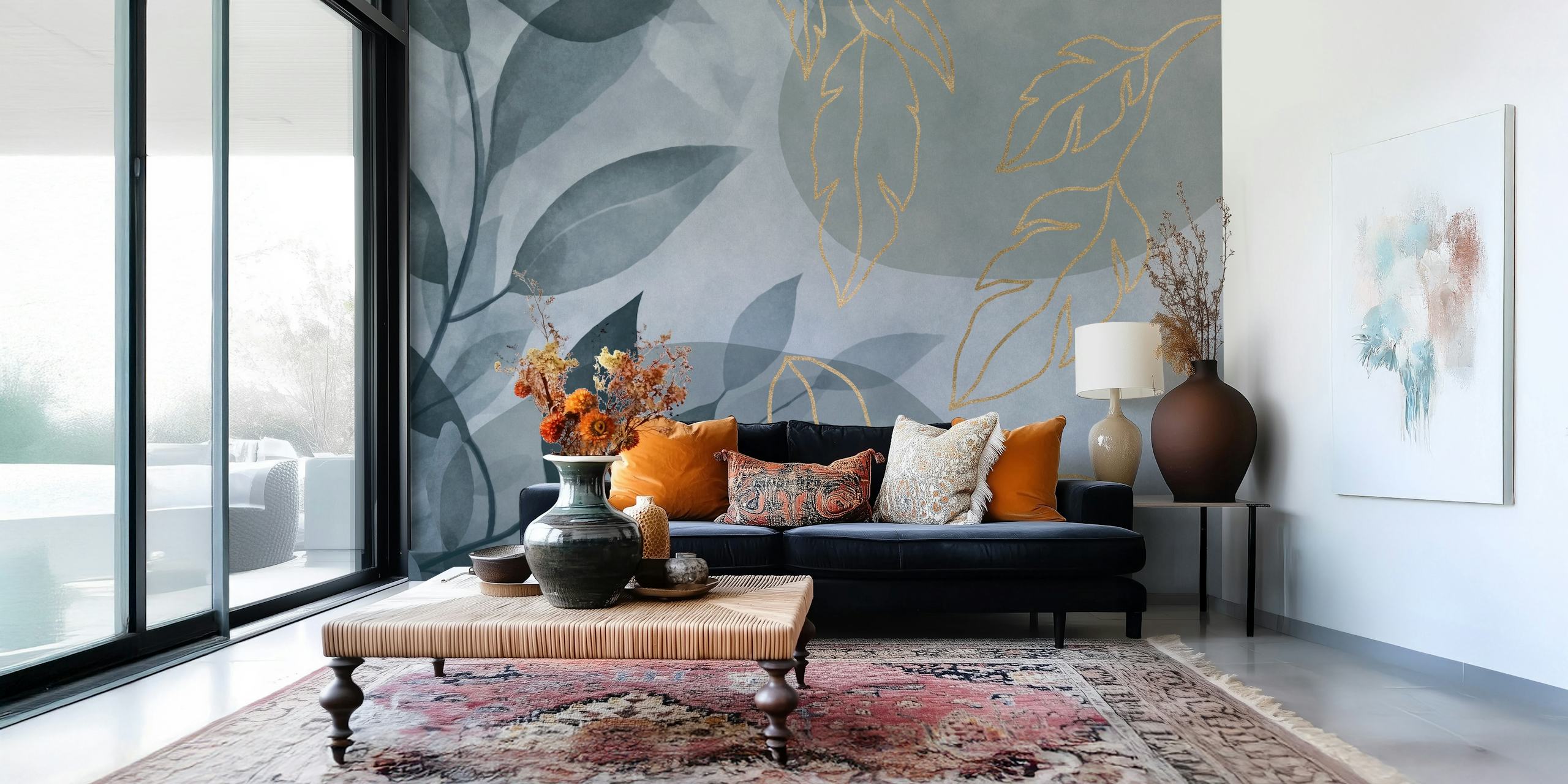 Minimalist leaf tapeta s plavim i zlatnim naglascima