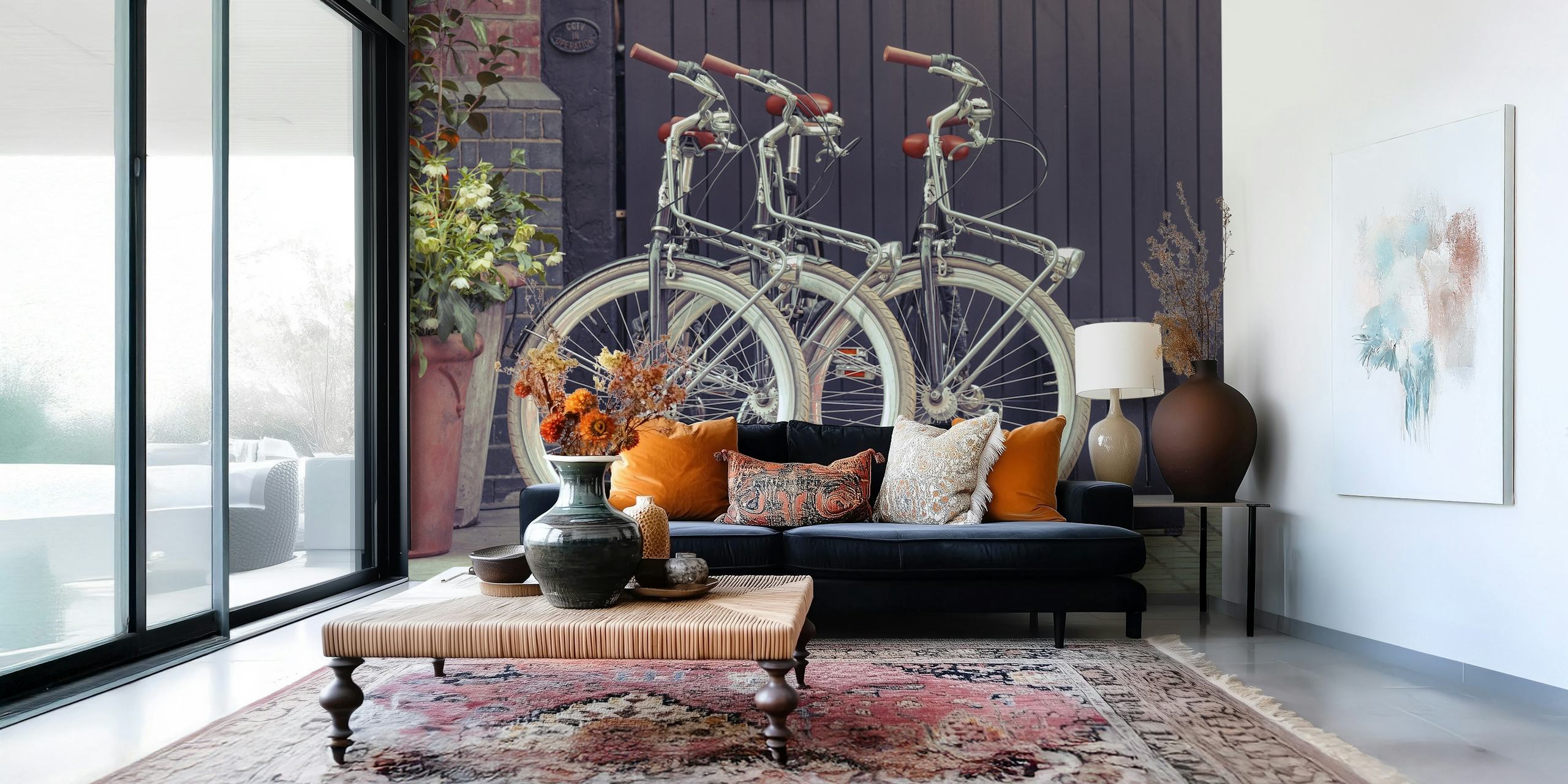 Vintage bicycles parked on a cobblestone street with flowers wallpaper