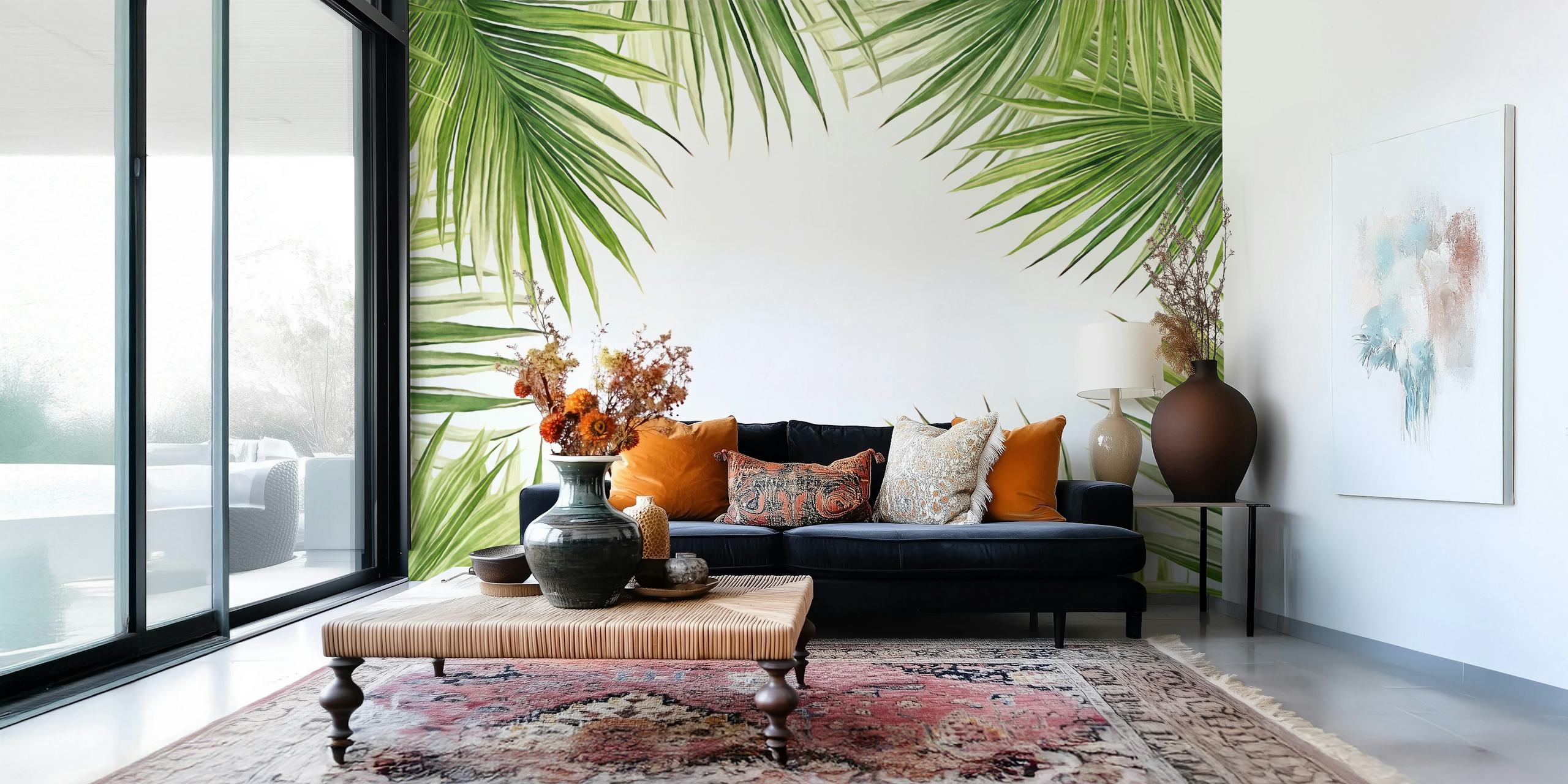 Carta da parati a tema oasi tropicale con una cornice di foglie di palma verdi su uno sfondo chiaro