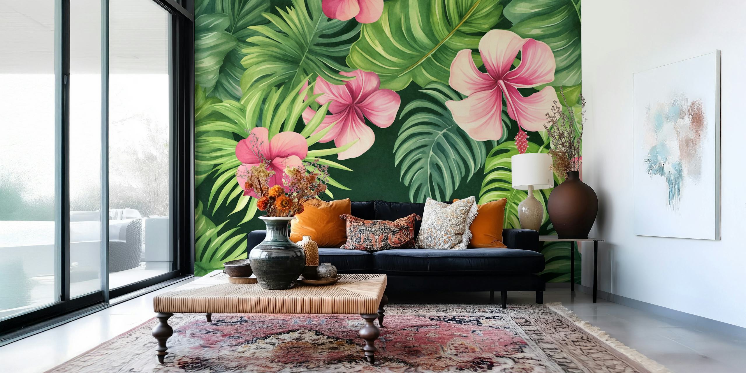 Tropical floral pattern with pink hibiscus and green leaves wallpaper
