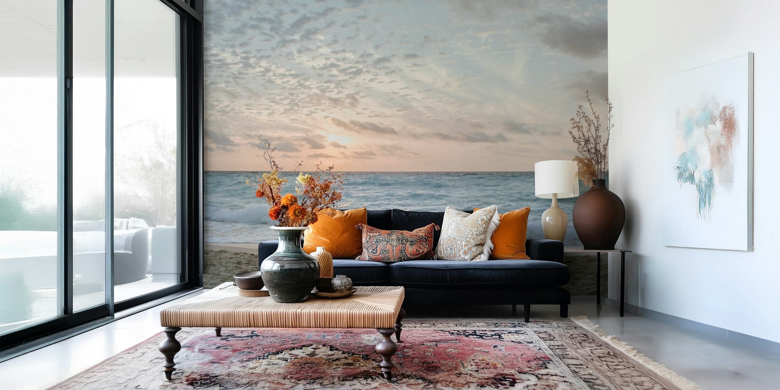 Coastal beach scene with sunset colors and water waves wallpaper