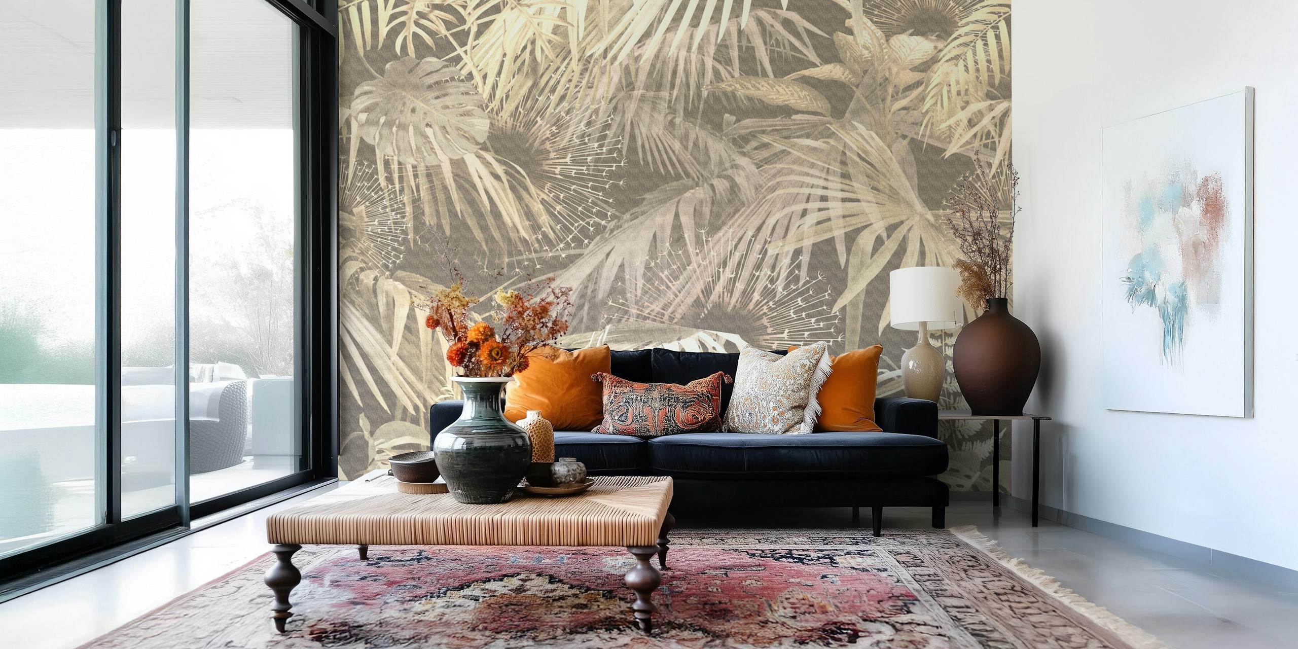 Neutral tropical leaf pattern wall mural