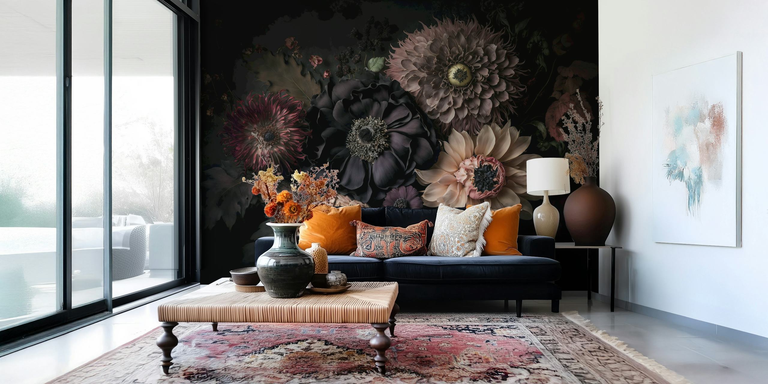 Donkere bloemen in verschillende tinten op zwart achtergrond wallpaper
