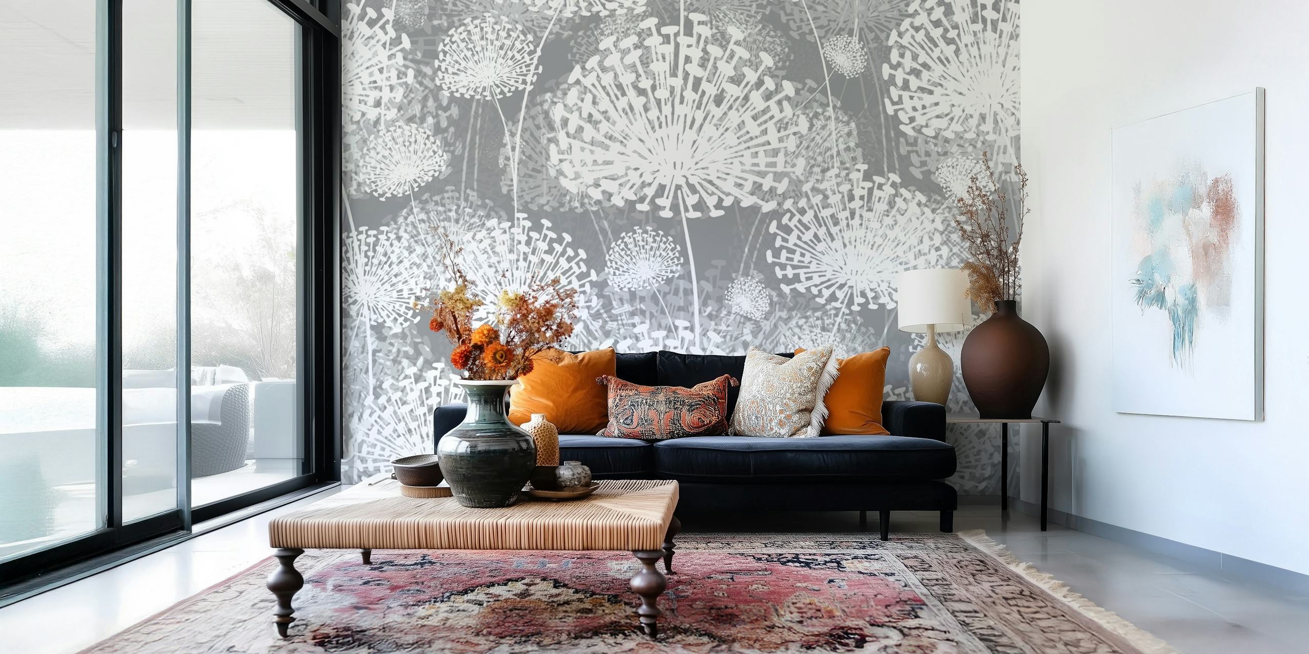 Gray floral dandelion pattern wallpaper