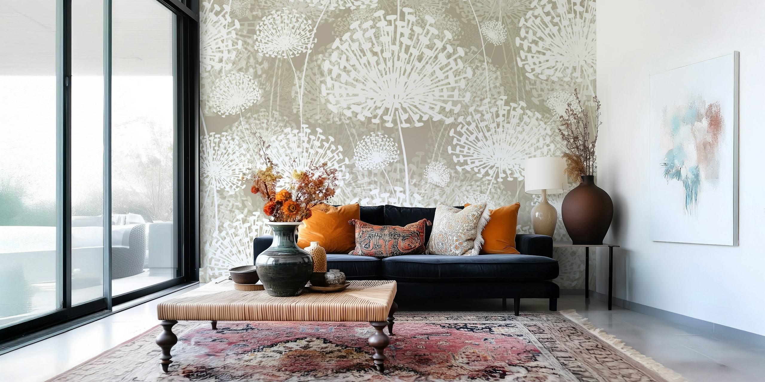 Beige floral dandelion pattern wallpaper