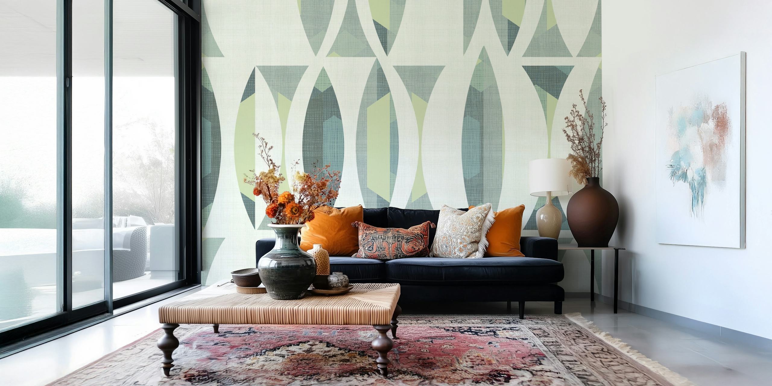 Geometric pattern in muted greens and blues on white wallpaper