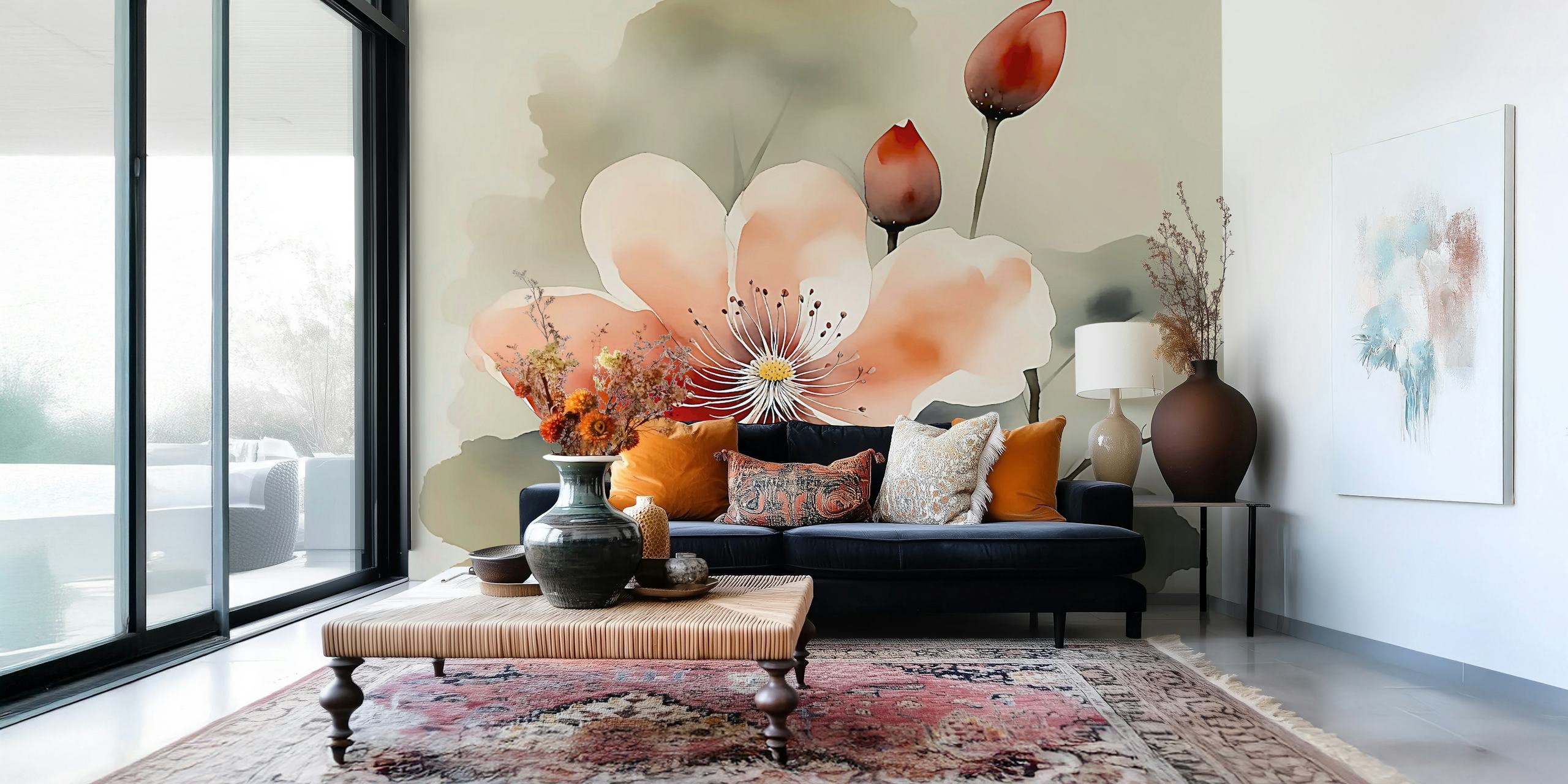 Élégante fresque murale florale zen japonaise avec un fond aquarelle doux et une fleur sereine