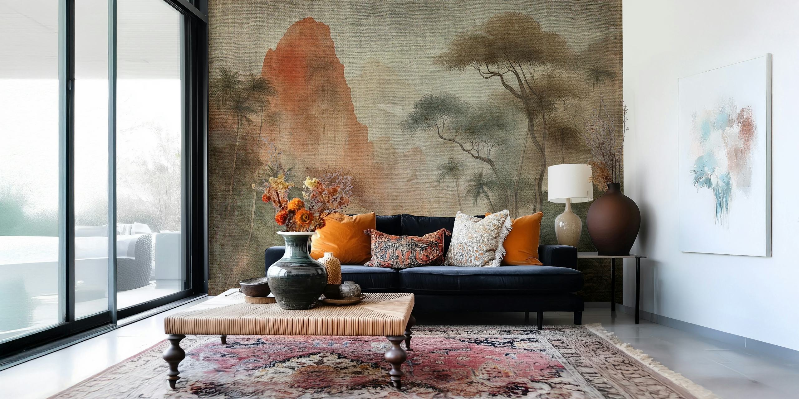 Vægmaleri i vintagestil, der viser en asiatisk junglescene med tårnhøje træer og diset stemning
