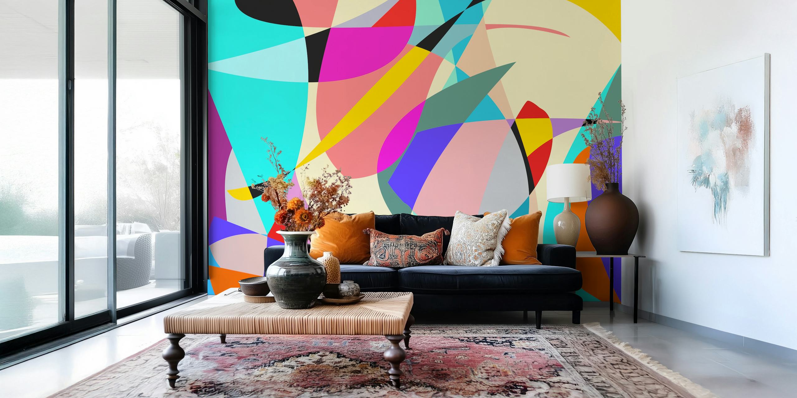 Diseño de mural de pared colorido abstracto con formas dinámicas y colores vivos.