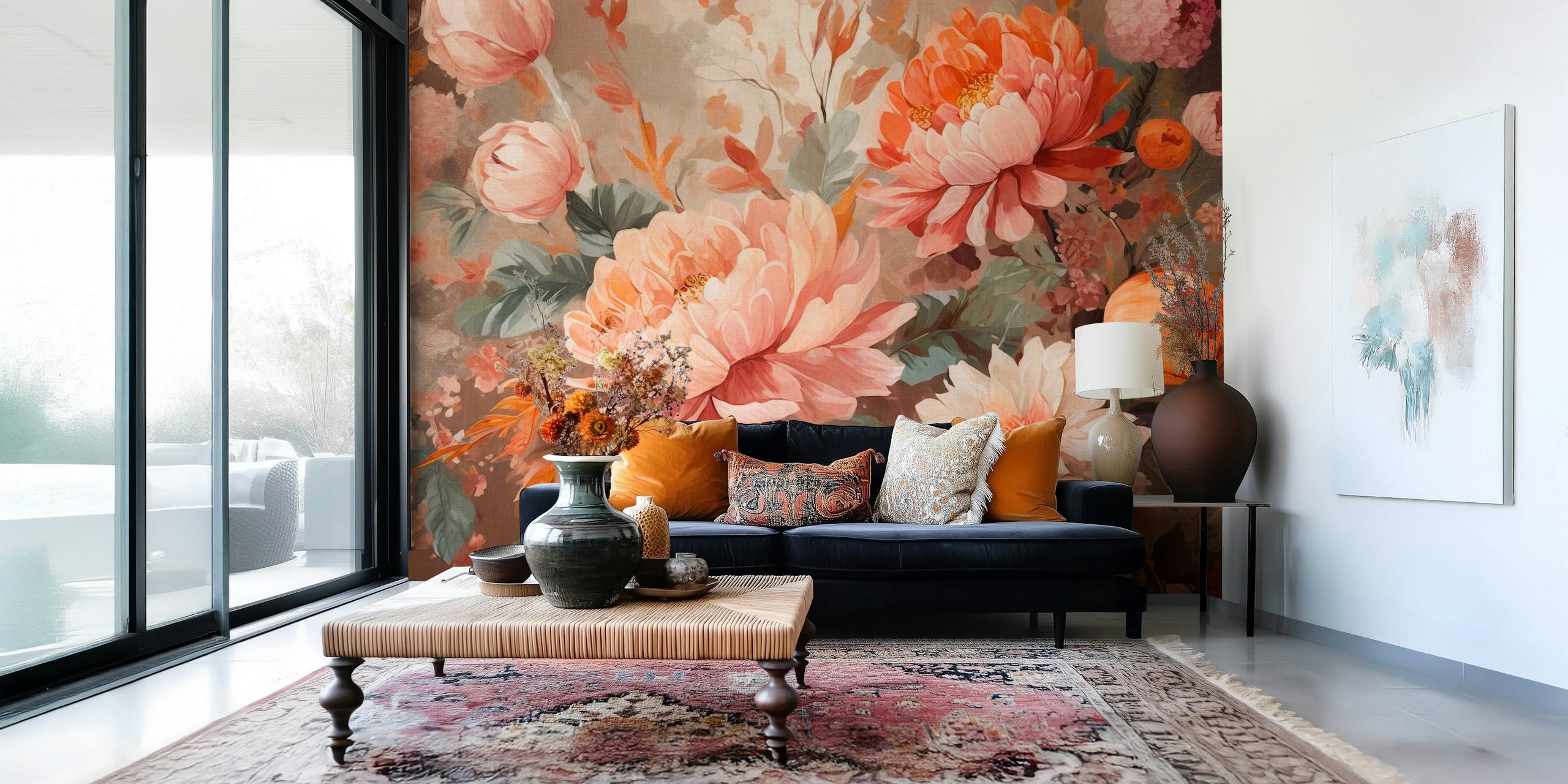 Zomer florale peach fuzz behang in een kamer