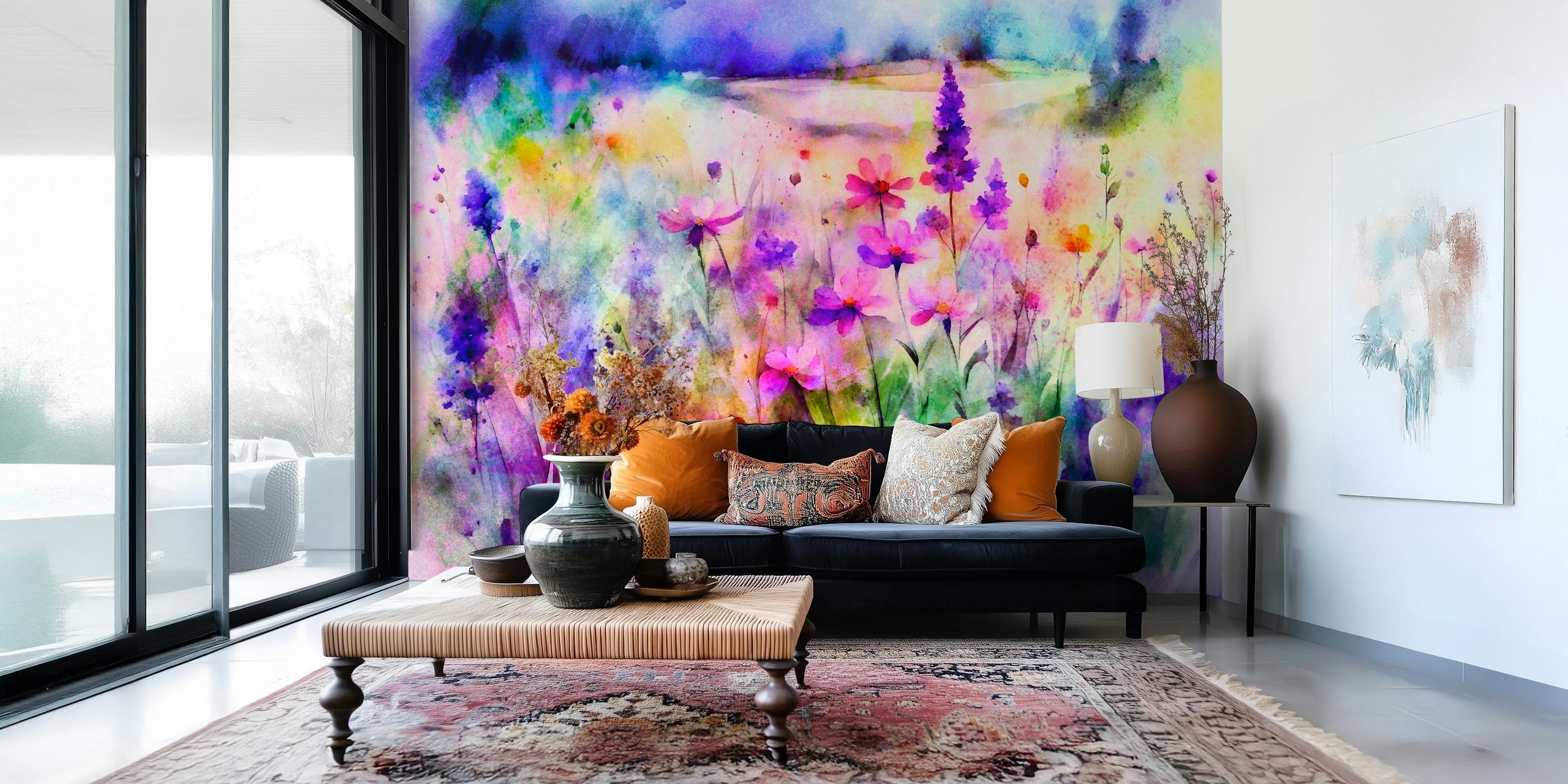 Färgglad akvarell tapet av ett drömskt blomsterlandskap