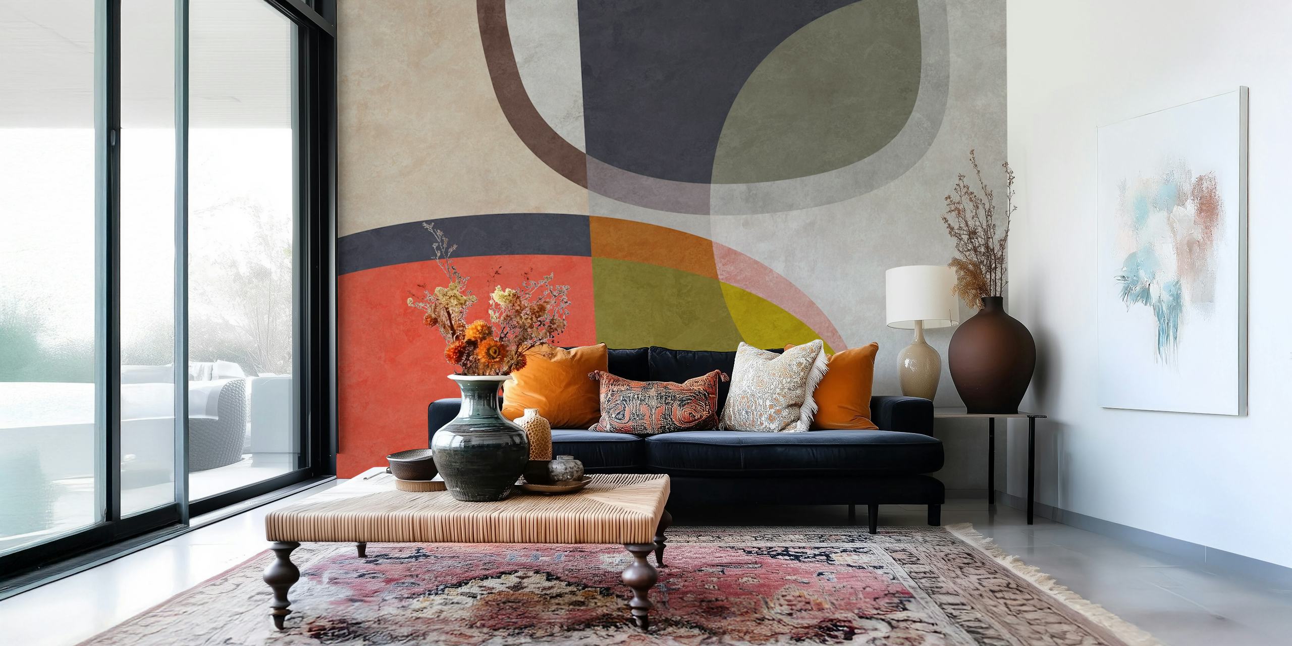 Abstract geometric shapes wall mural in earthy and pastel colors