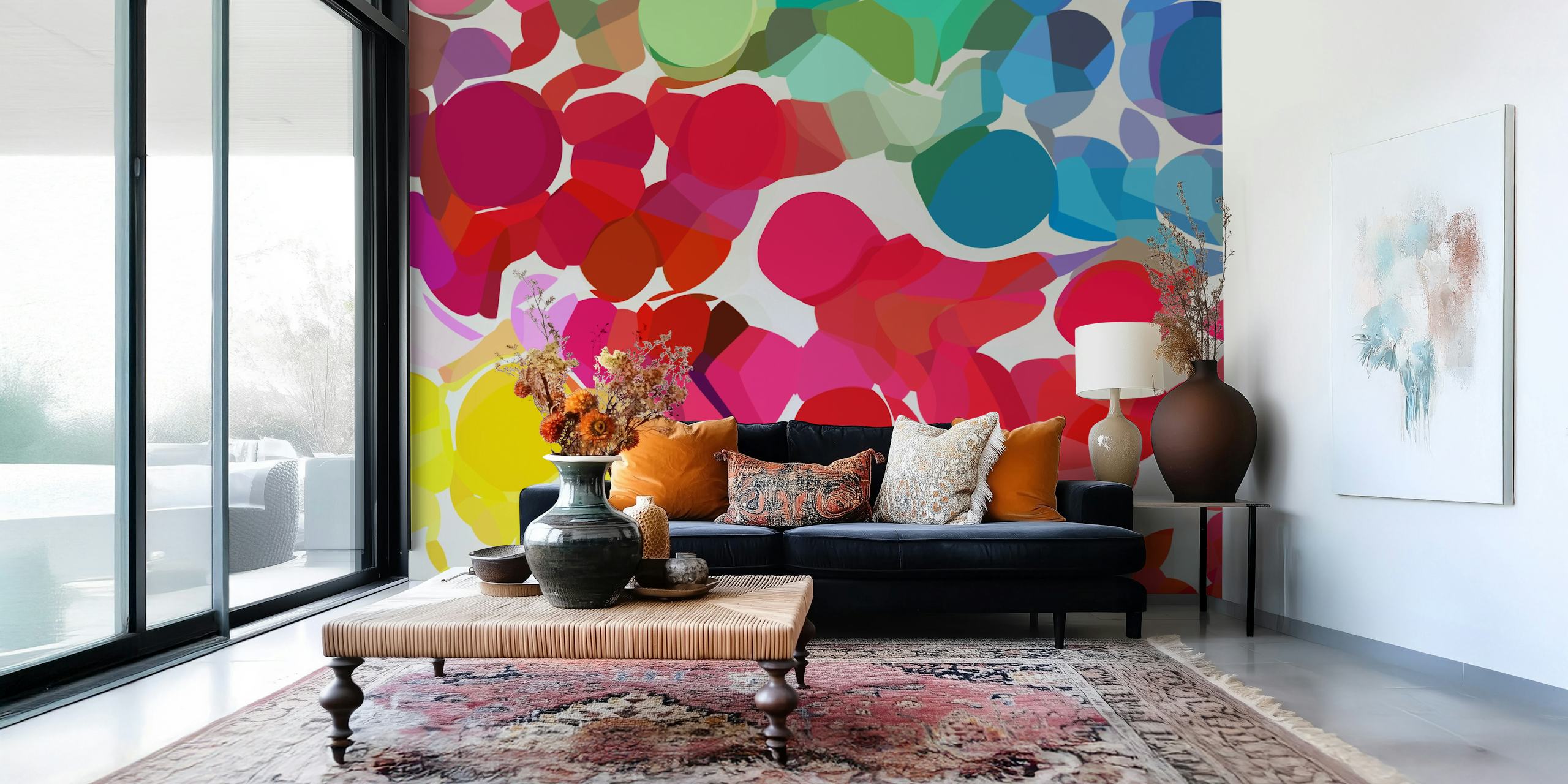 Colorful abstract circular shapes in red, yellow, blue, and green wallpaper