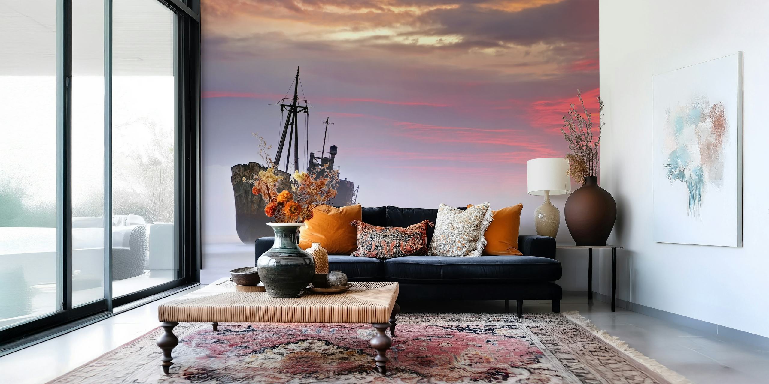Shipwreck in ocean mist under purple and orange sky wallpaper