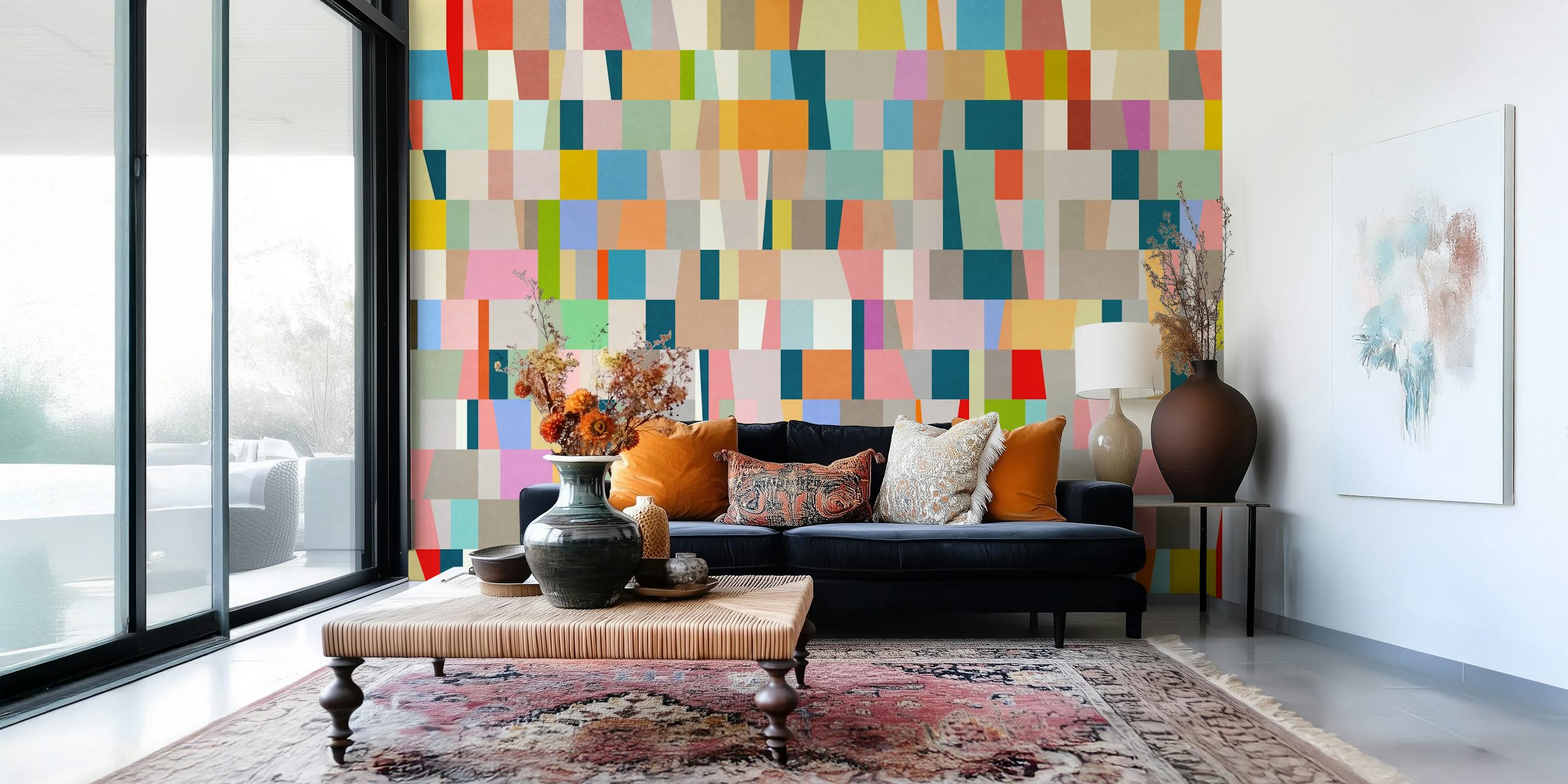 Kleurrijke muurschildering met geometrisch patroon met rechthoeken en vierkanten in verschillende tinten