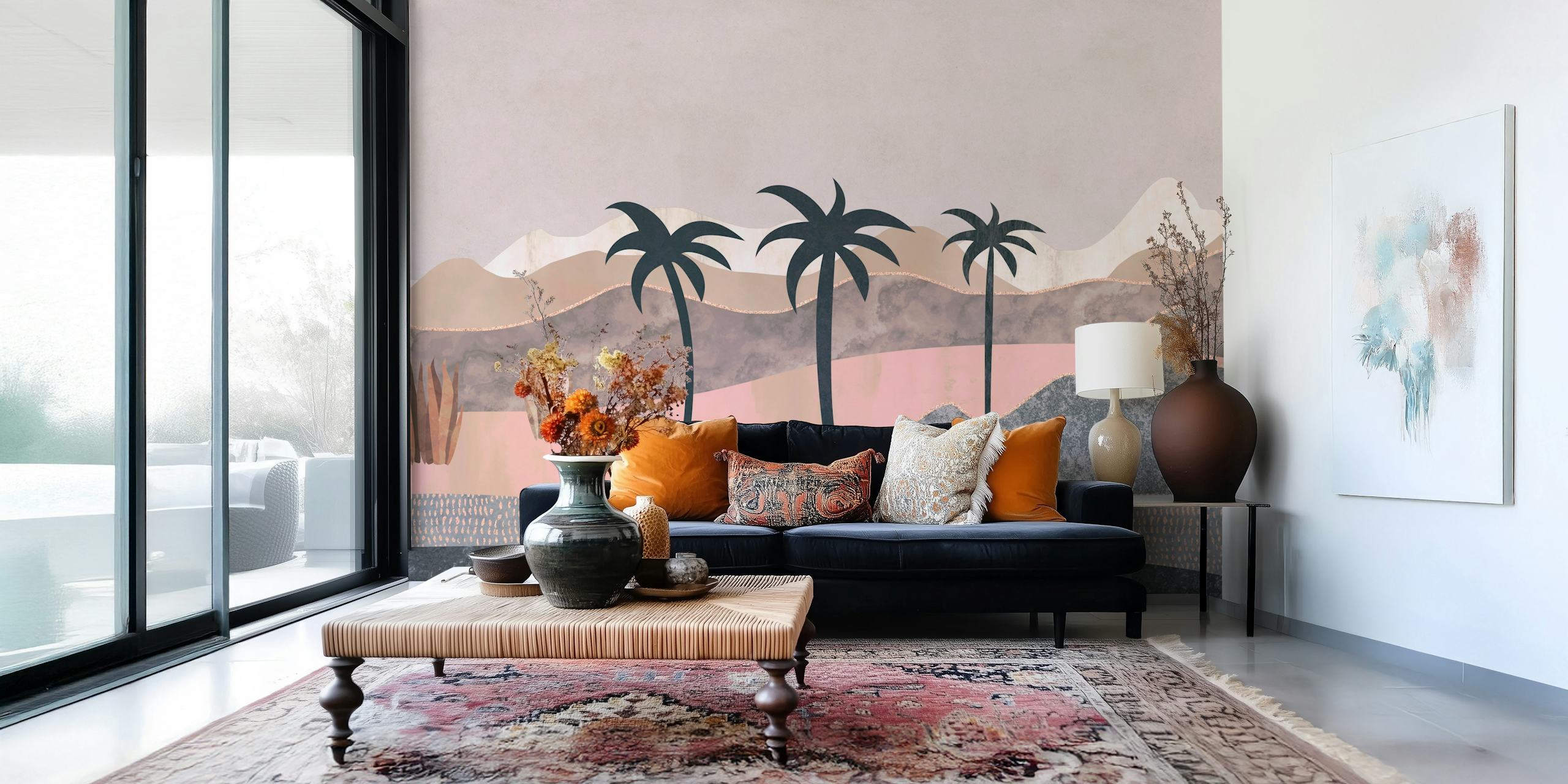 Palm trees and mountains in soft colors on wallpaper