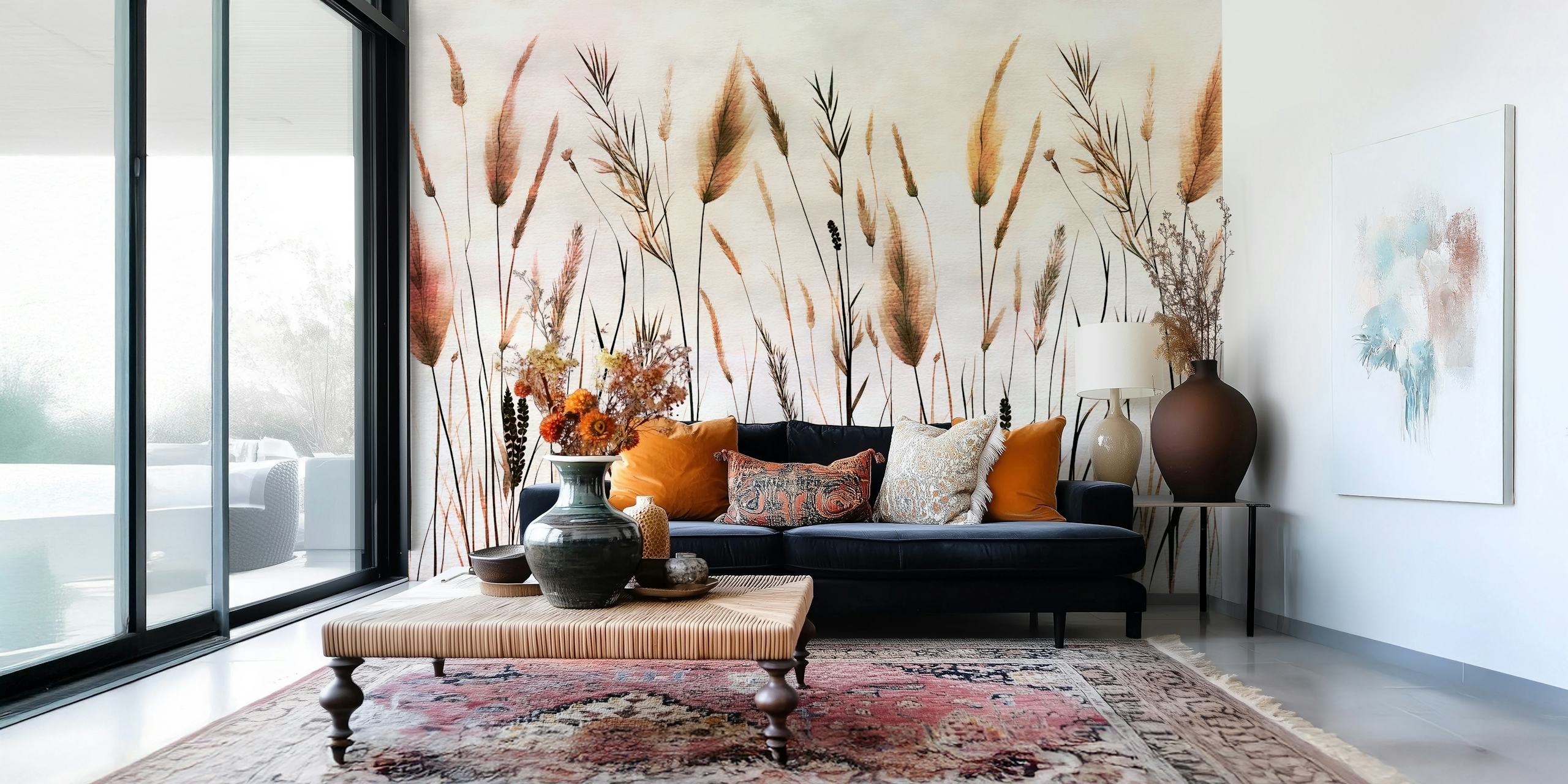 Wabi Sabi Pampas Grass wall mural showing elegant pampas grass in neutral tones