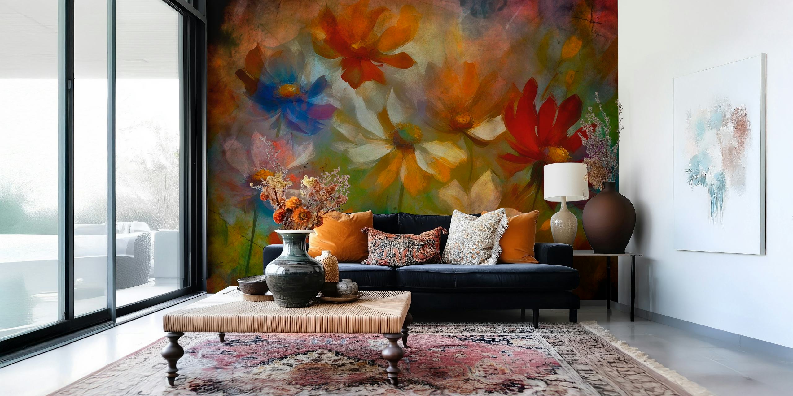 Colorful flowers in shades of red, blue, orange, and white on a textured background wallpaper