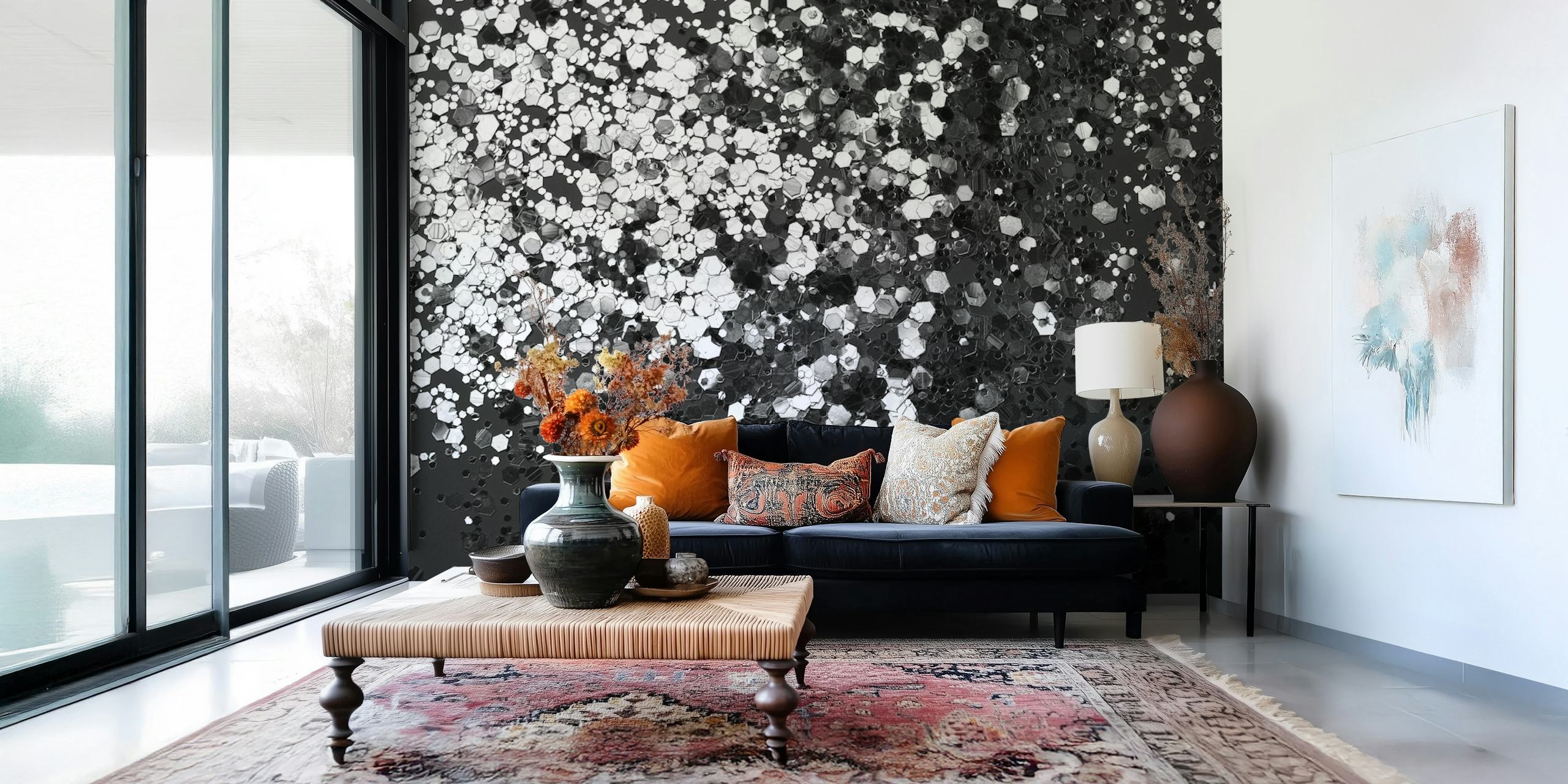 Black and silver glitter wallpaper with hexagonal patterns