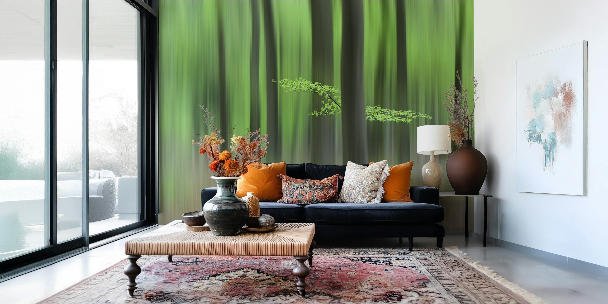 Blurry green forest background with trees and leaves wallpaper