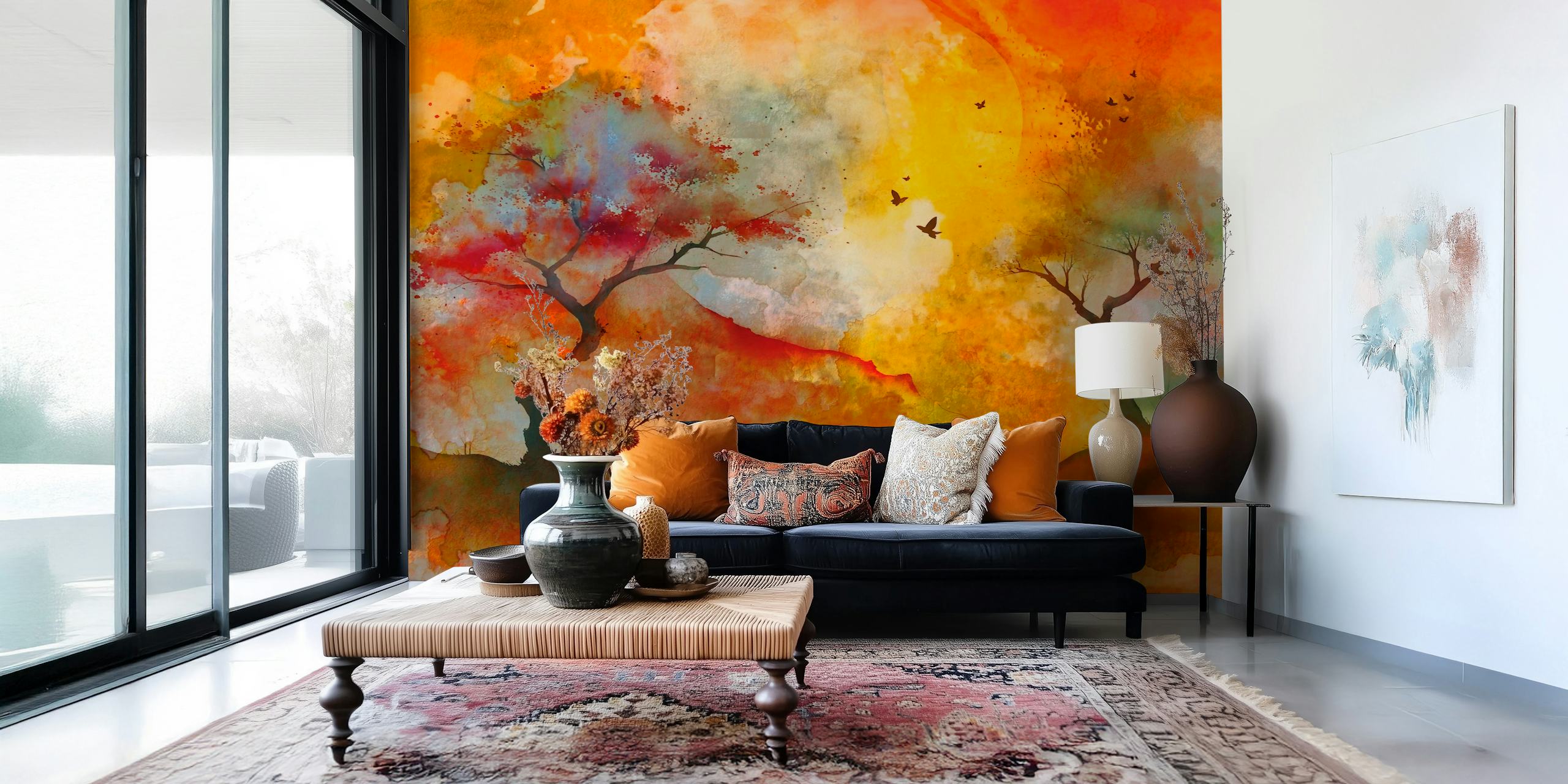 Mural de pared de acuarela abstracta que representa una escena de bosque japonés al amanecer en tonos cálidos.