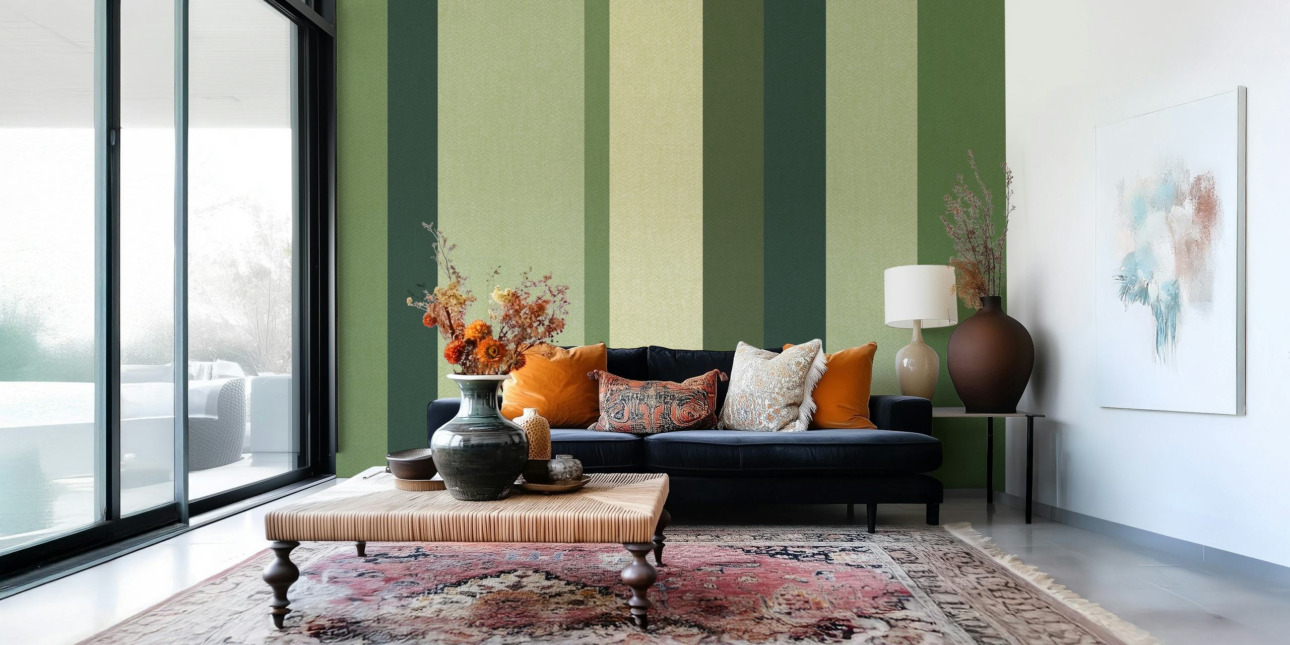 Muted Green Stripes -tapetti huoneasetelmassa