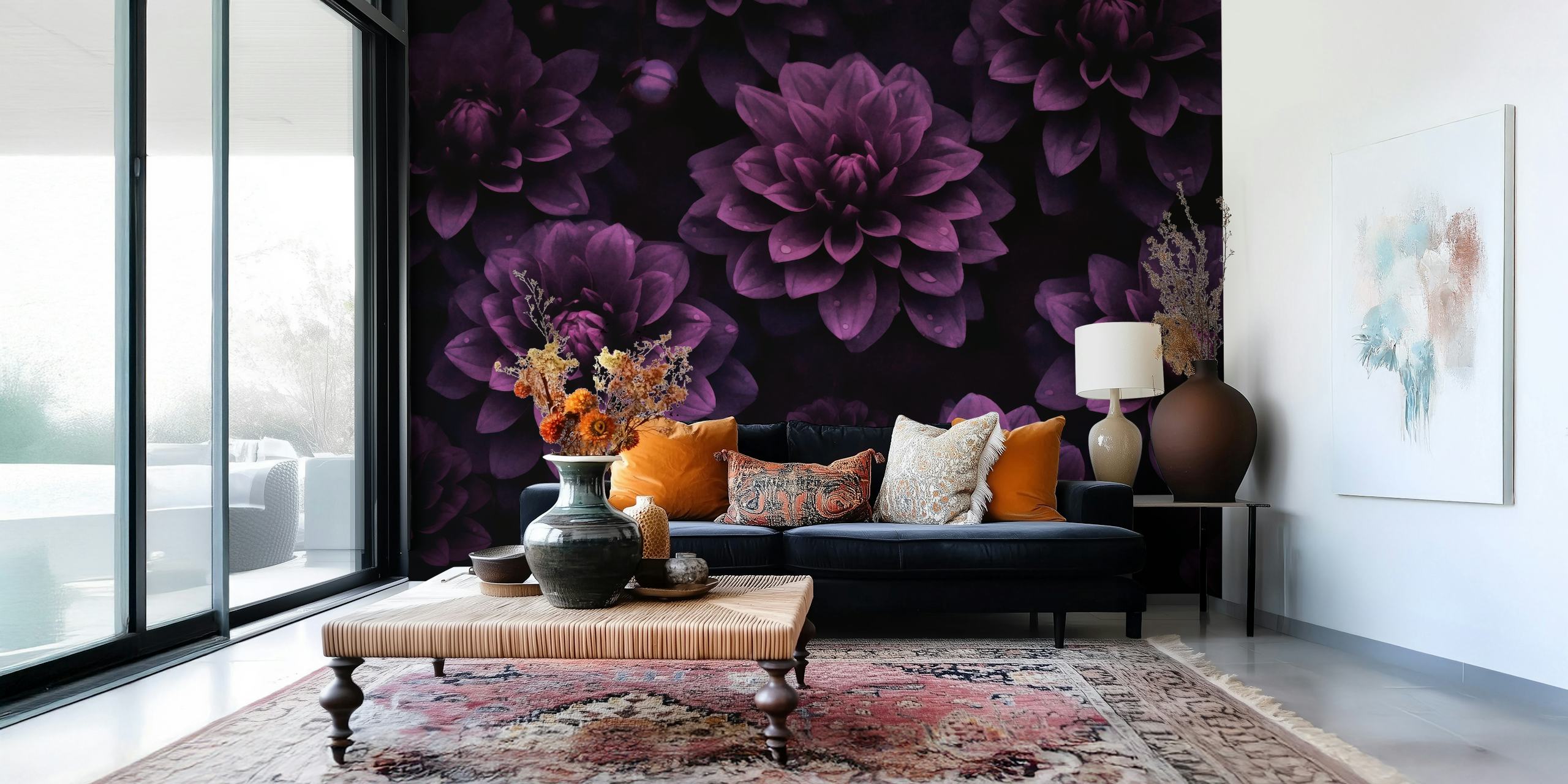 Dark mauve purple dahlia flowers watercolor wallpaper